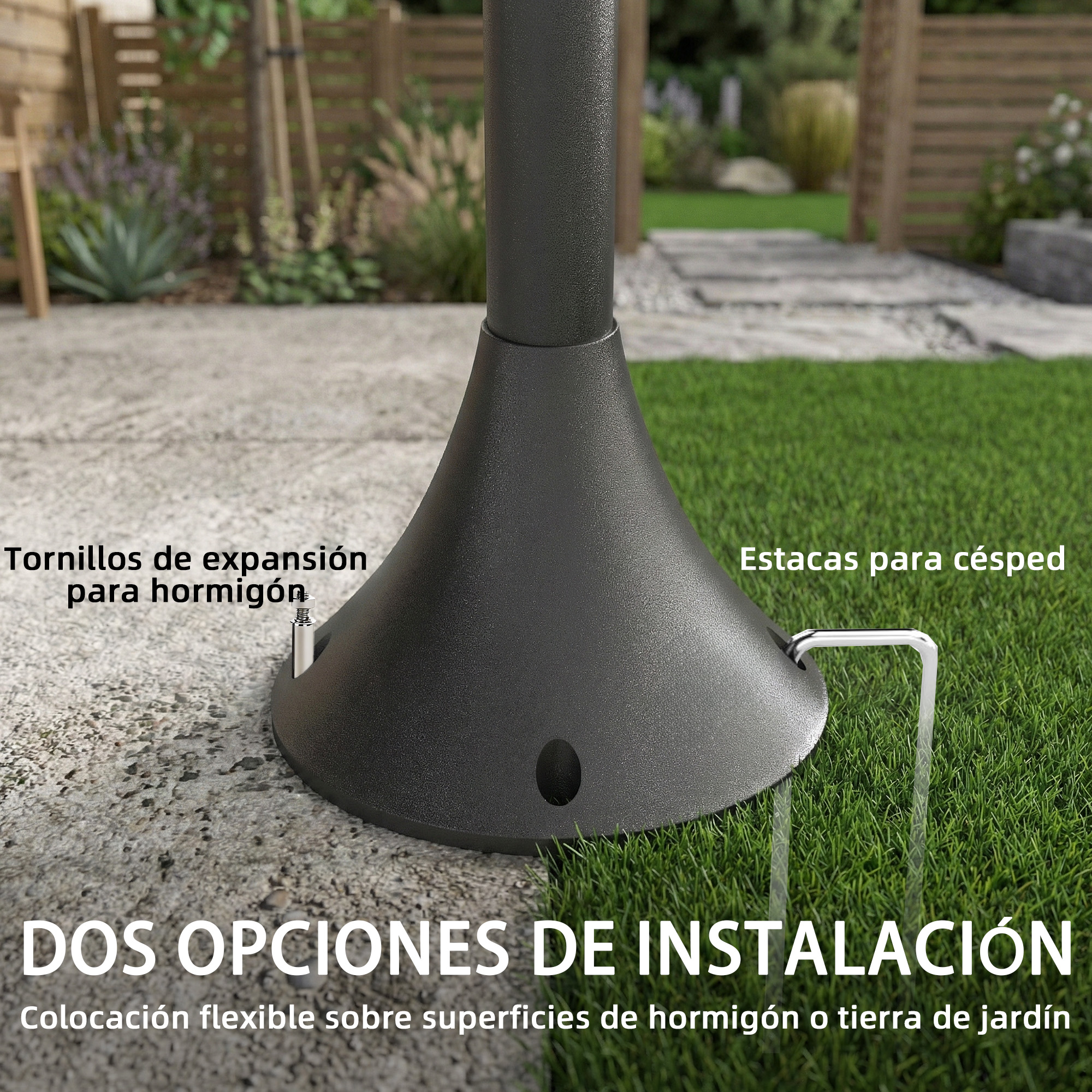 La base negra muestra dos opciones de instalación: tornillos para hormigón a la izquierda y estacas para césped a la derecha.