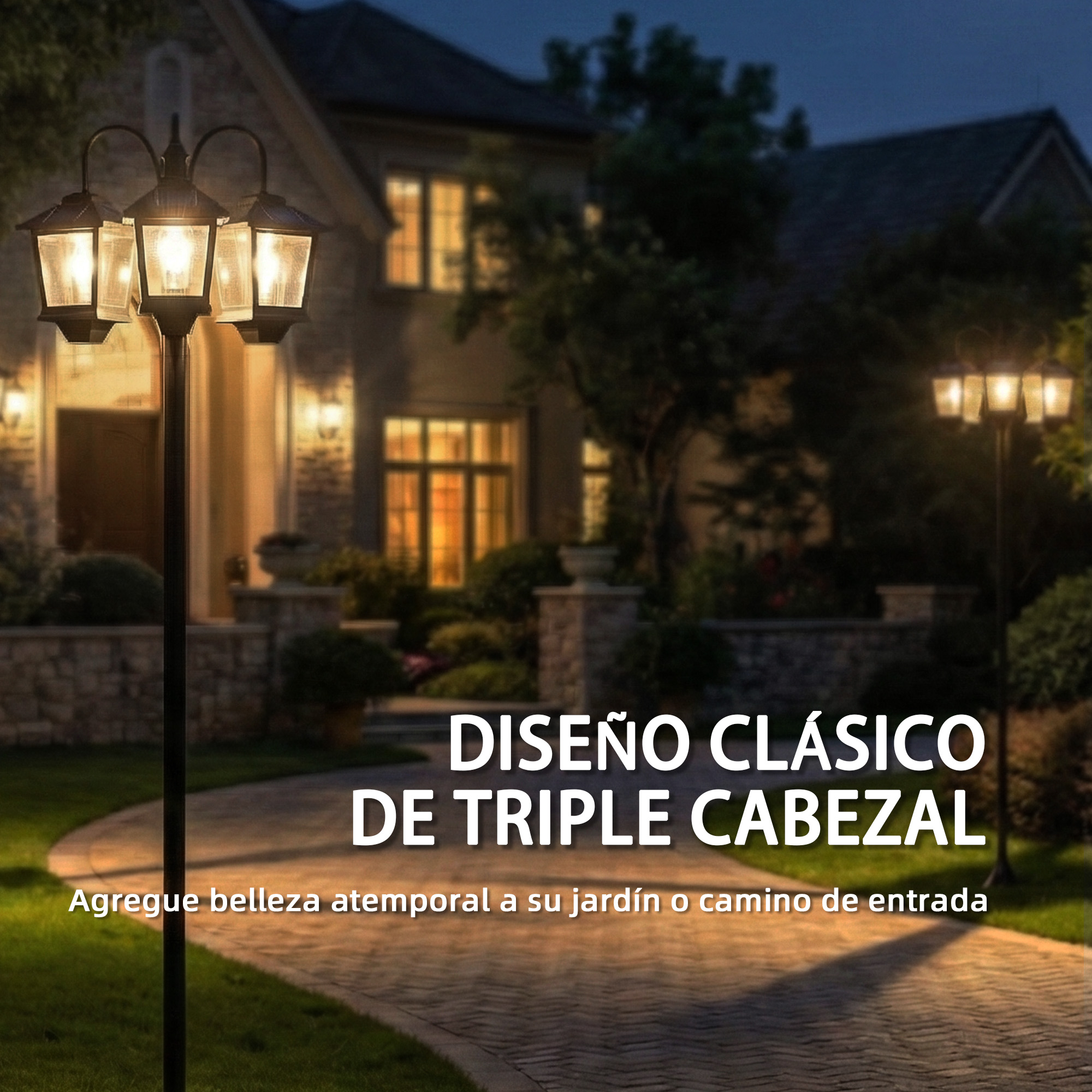 Un clásico farol de triple cabeza ilumina una entrada de adoquines frente a una casa al atardecer, con texto superpuesto.