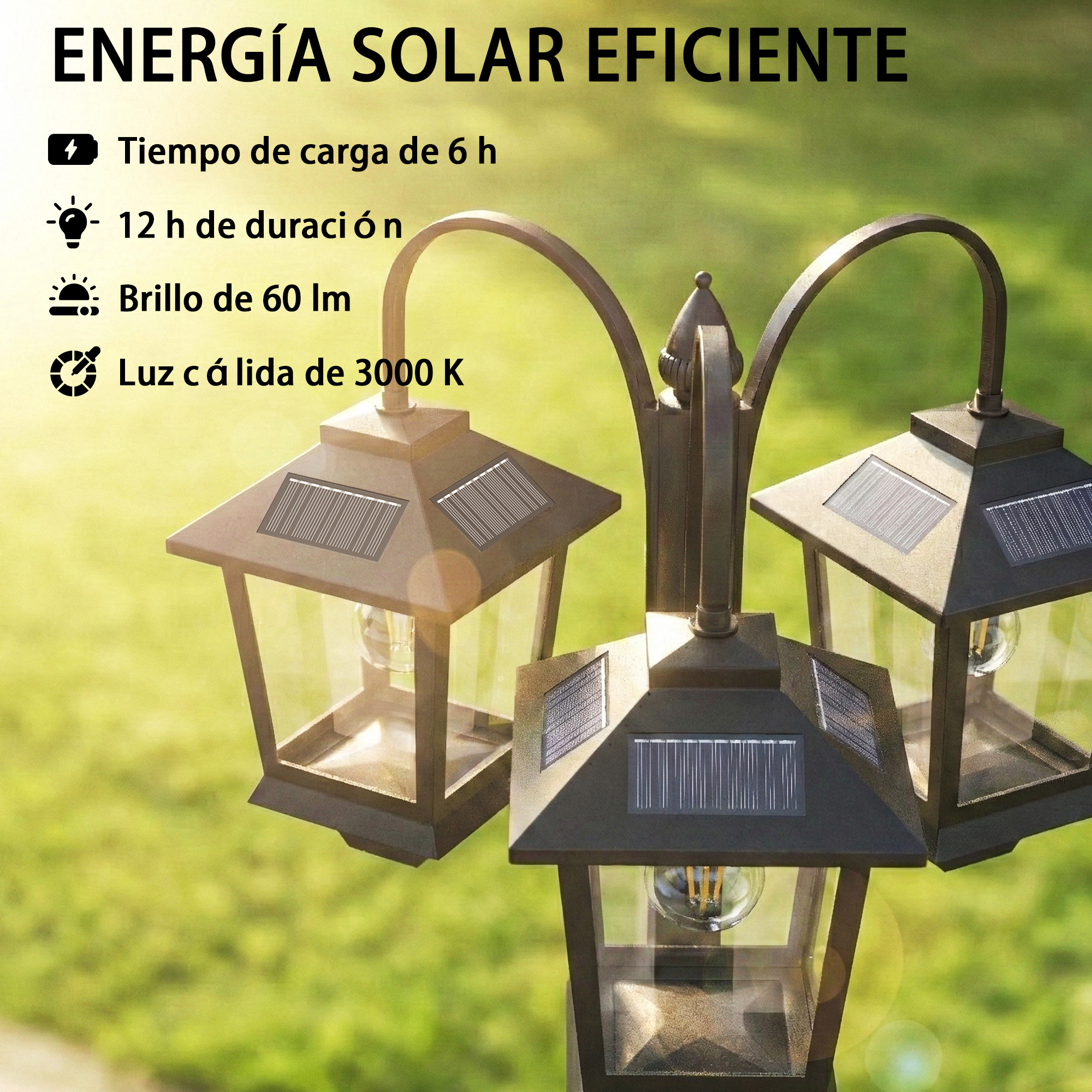 Tres luces solares de jardín negras con paneles solares integrados y bombillas sobre césped verde.