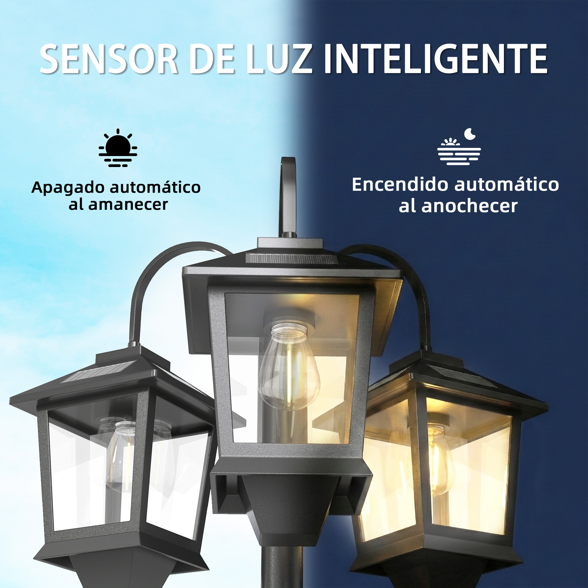 Tres farolas negras con sensor de luz inteligente, apagadas de día y encendidas de noche.