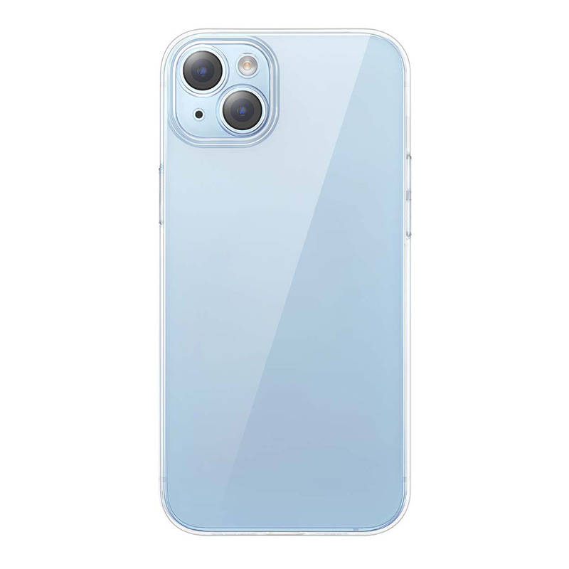 Vista posteriore di uno smartphone azzurro in una custodia protettiva trasparente con doppia fotocamera.