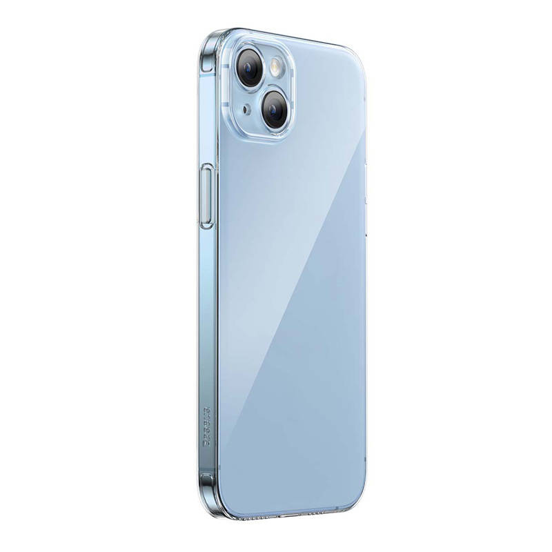 Uno smartphone azzurro con cover trasparente e doppia fotocamera sul retro.