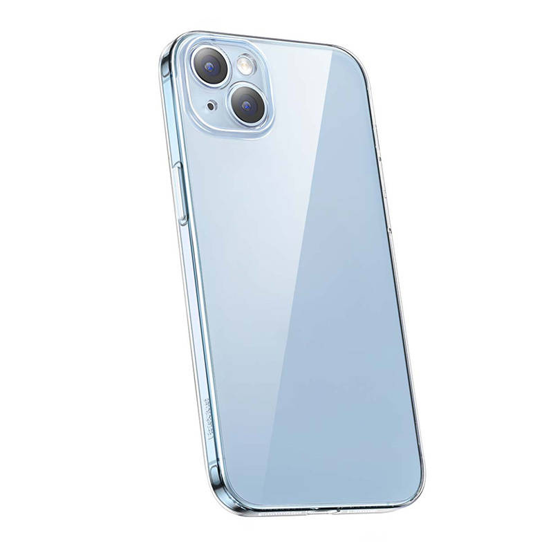 Uno smartphone trasparente con due fotocamere posteriori in una custodia.