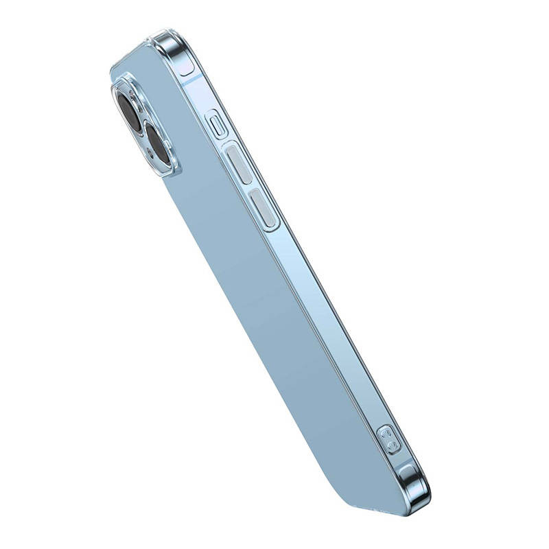 Uno smartphone azzurro chiaro con custodia trasparente in vista diagonale su sfondo bianco.