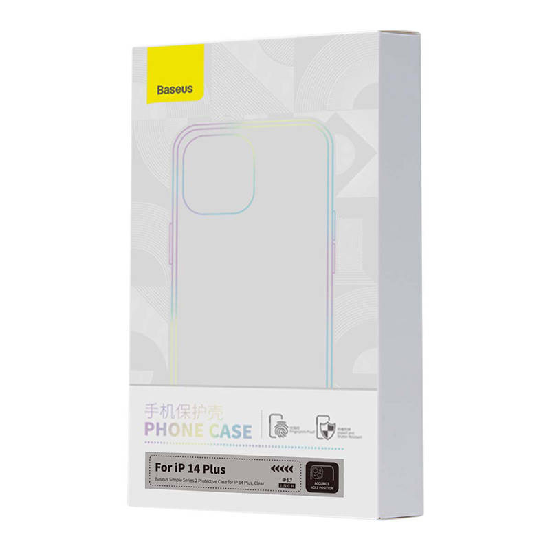 Scatola di prodotto bianca per custodia protettiva Baseus iPhone 14 Plus con grafica olografica.