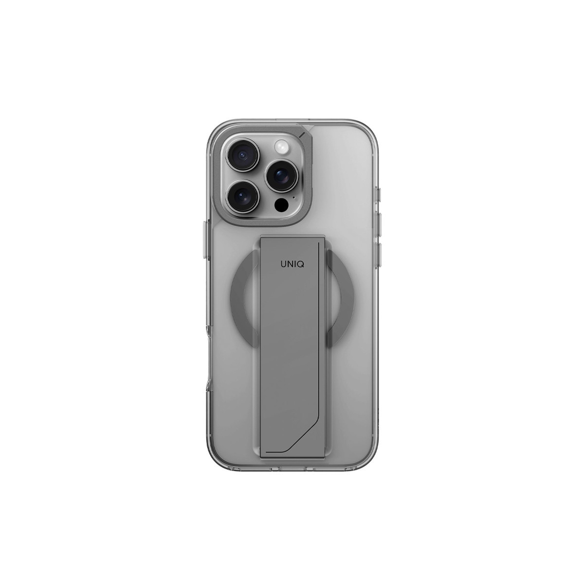 Uno smartphone in custodia trasparente con supporto magnetico grigio sul retro, su sfondo bianco.