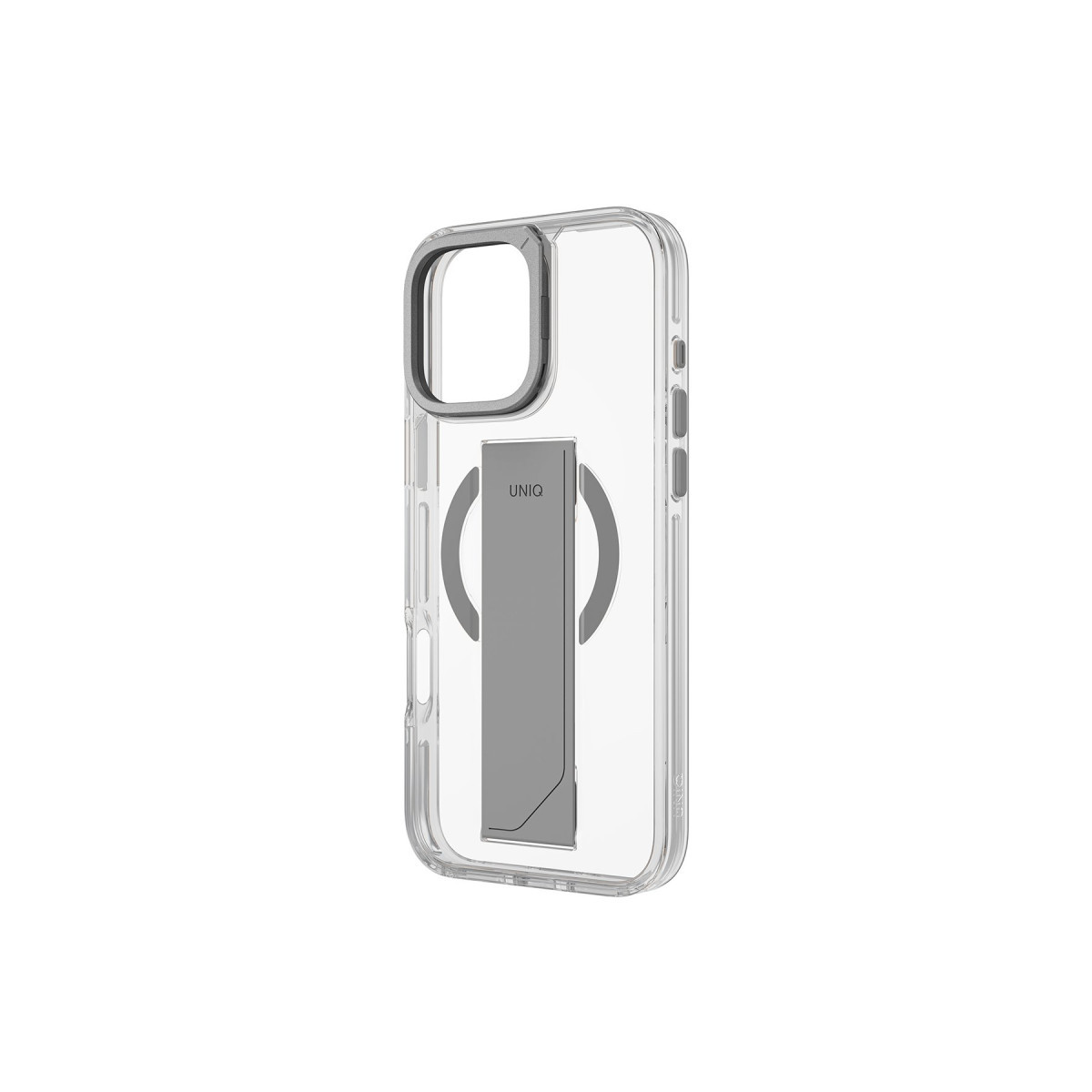 Custodia per telefono trasparente con anello fotocamera grigio e supporto integrato sul retro.