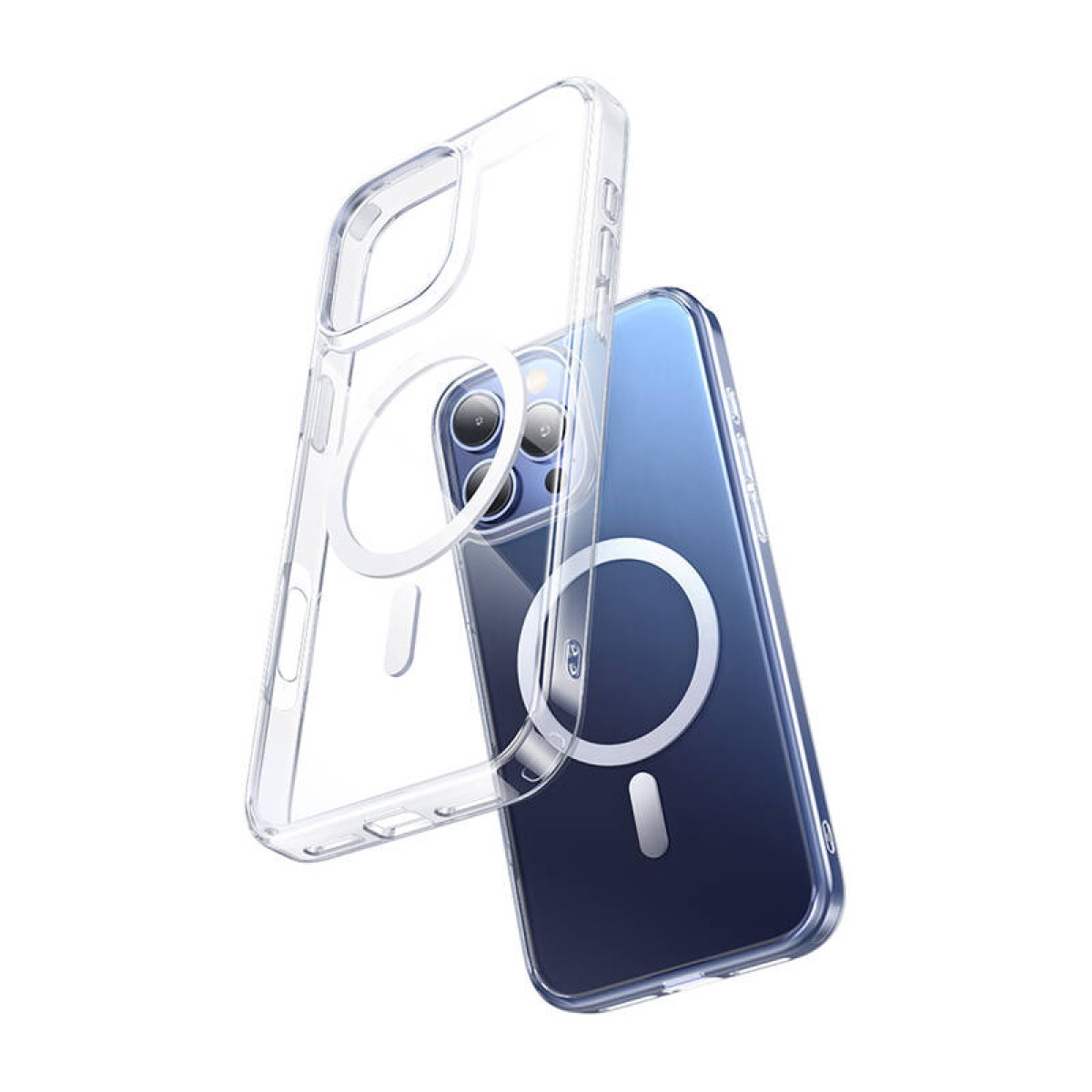 Custodia trasparente MagSafe fluttuante davanti a un iPhone blu su sfondo bianco.