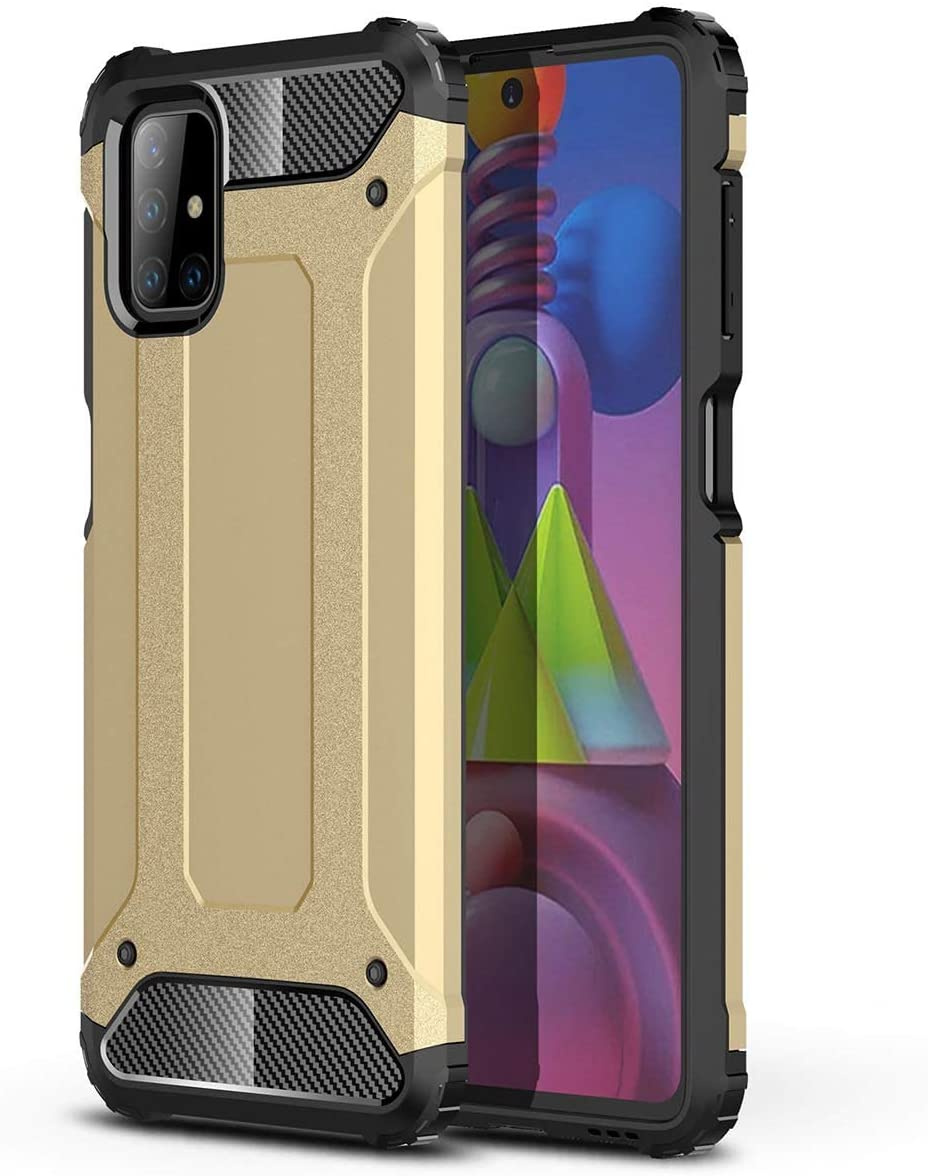 Uno smartphone in una robusta custodia oro e nera con dettagli in fibra di carbonio e uno sfondo astratto colorato.