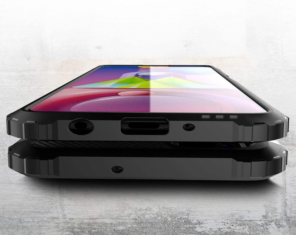 Due custodie nere per smartphone impilate su uno sfondo grigio.
