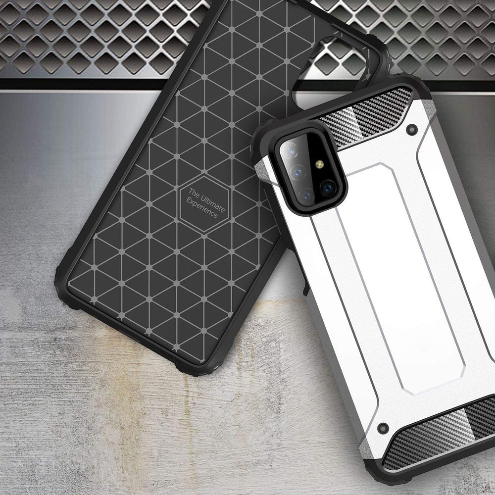 Due moderne custodie per smartphone, una scura con motivo geometrico, l'altra bianca e argento con fotocamera.
