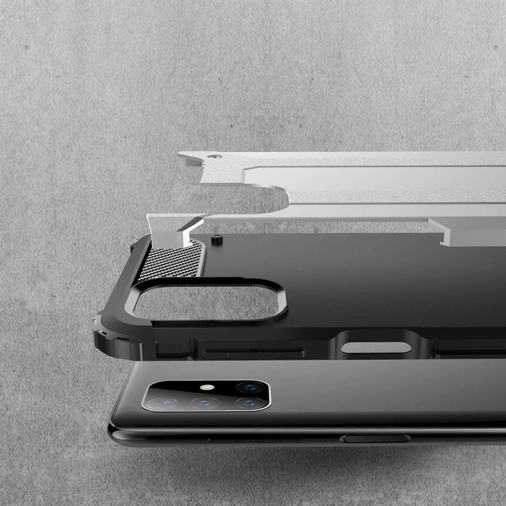 Vista esplosa di una custodia per telefono nera con parti del telaio argentate sopra uno smartphone.