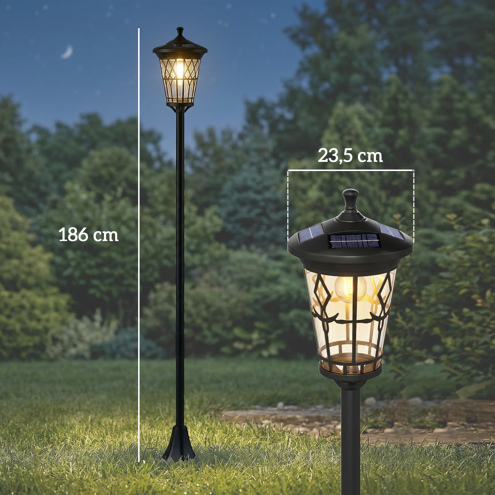 Lámpara solar negra en un jardín, 186 cm de alto, cabeza de 23,5 cm.