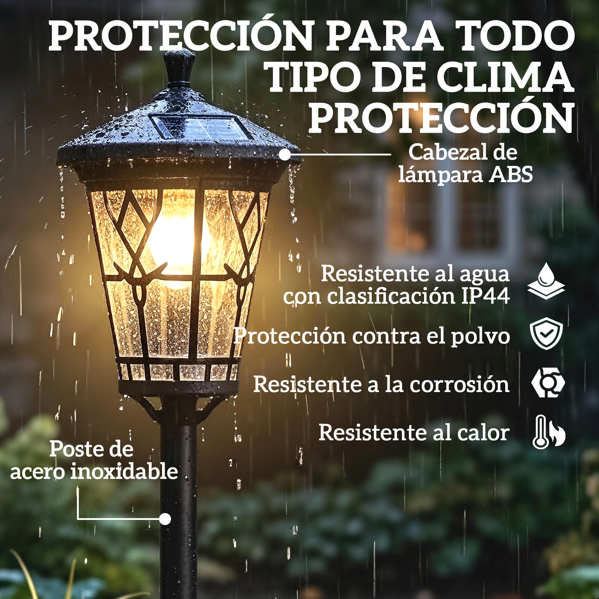 Farola solar negra resistente a la intemperie bajo la lluvia con texto en español e iconos.