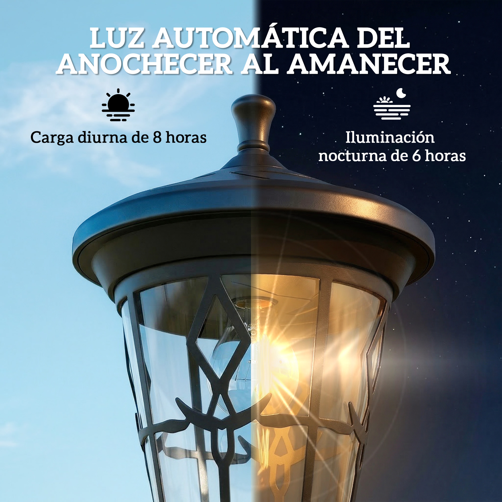Farola solar de jardín con modo automático día y noche y texto explicativo.