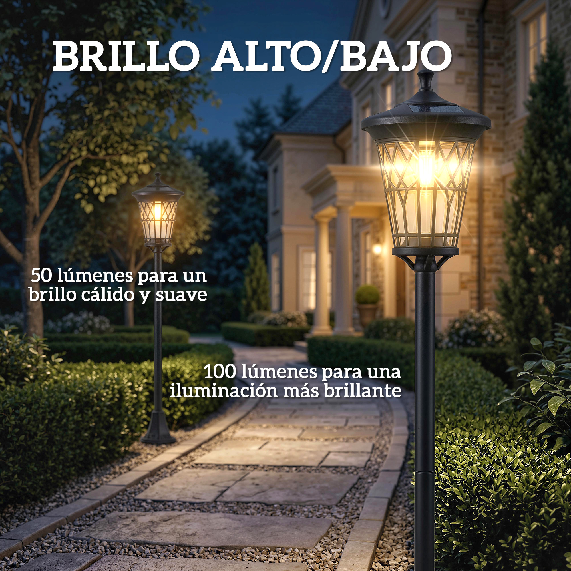 Dos luces solares negras para caminos iluminan un sendero de jardín pavimentado frente a una casa por la noche.