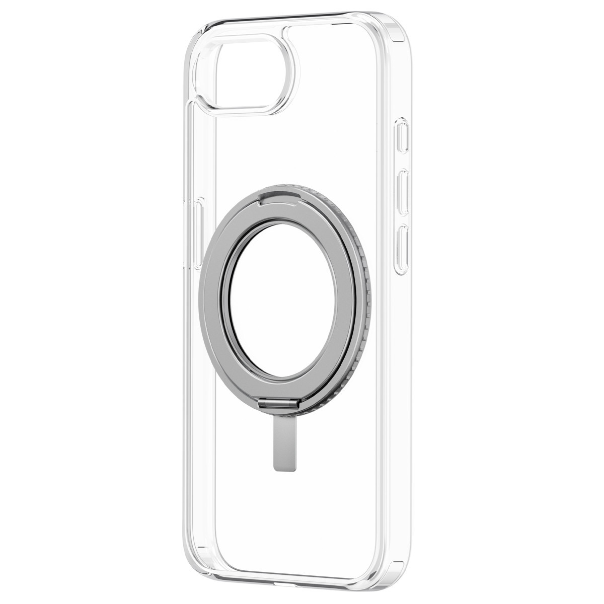 Beyaz arka planda entegre gümüş MagSafe halkalı ve standlı şeffaf telefon kılıfı.