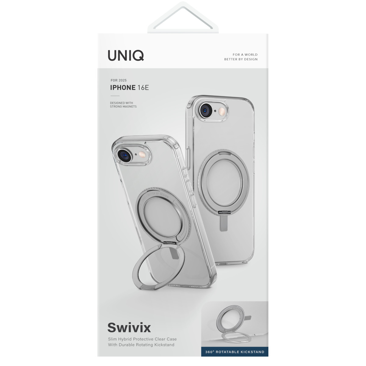 Entegre halka standlı şeffaf iPhone 16E kılıfı için ambalaj.