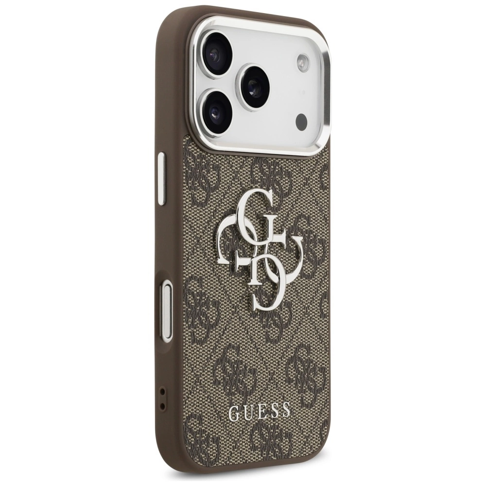 Custodita per cellulare Guess marrone con motivo monogramma, logo argentato e ritaglio per fotocamera.