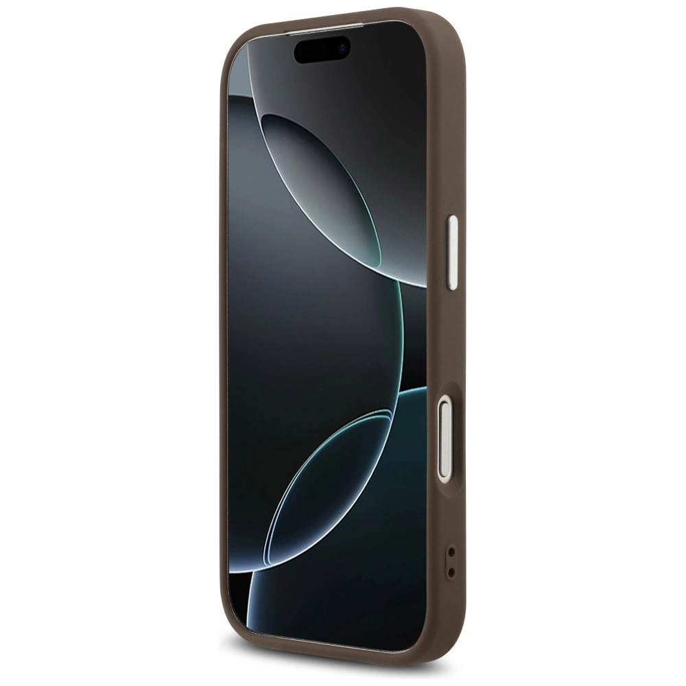 Uno smartphone in custodia marrone, con schermo scuro e motivi blu astratti.