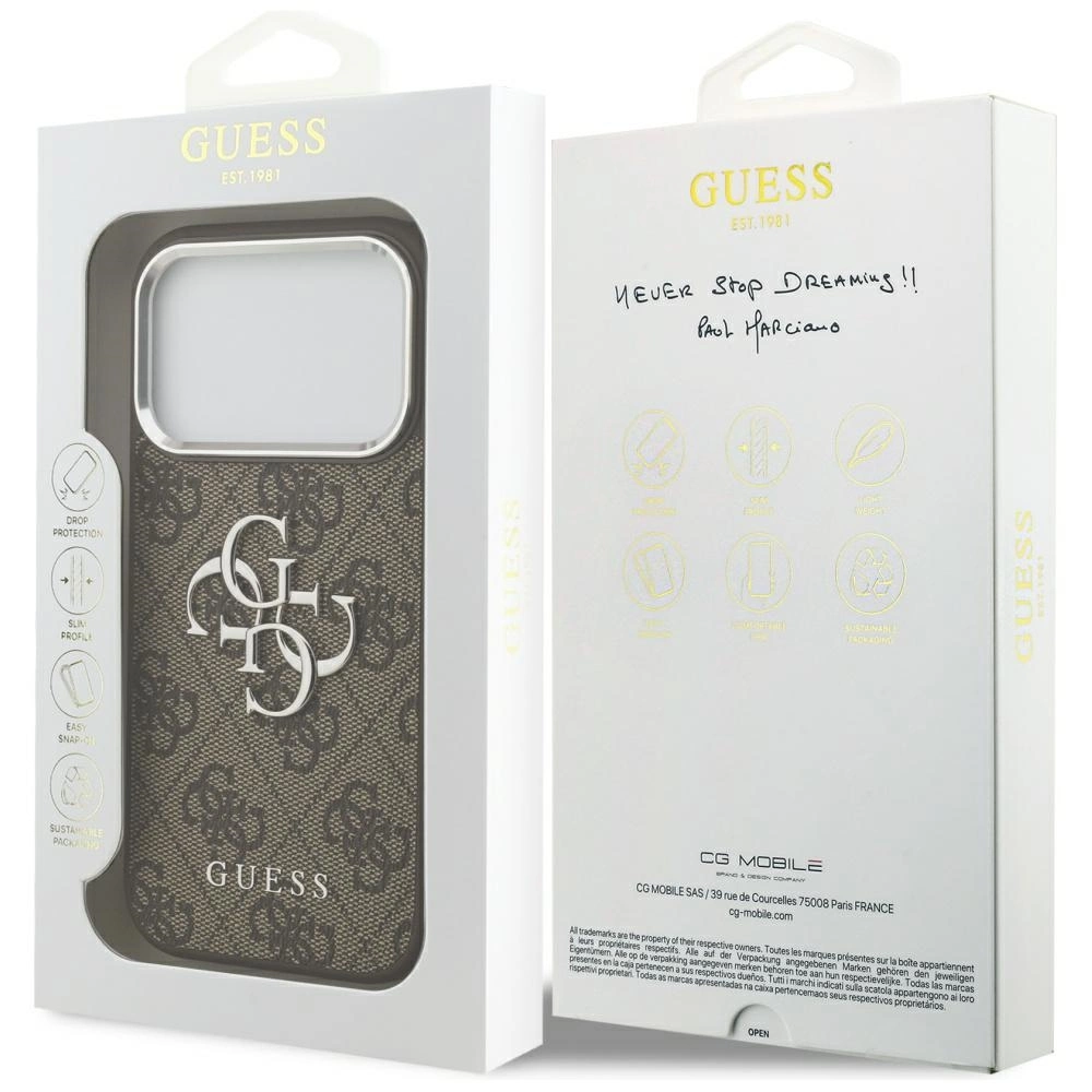 Confezione per custodia Guess marrone e oro con logo e icone protettive.