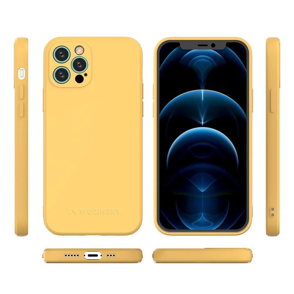 Diverse viste di una custodia per smartphone gialla con il logo Wozinsky, che racchiude un telefono.