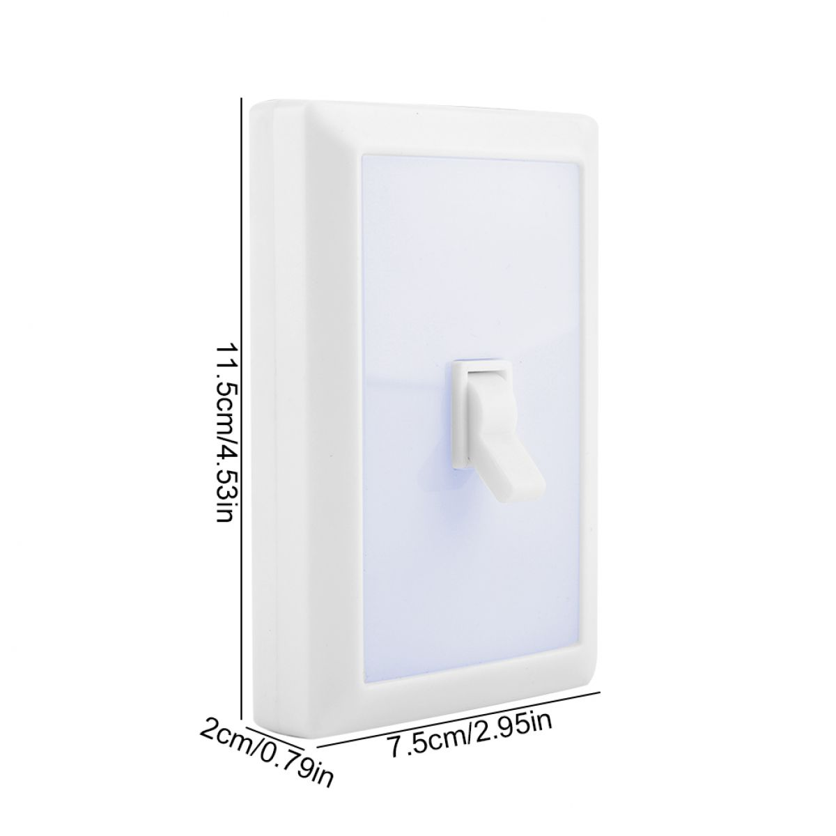 Ein weißer Lichtschalter mit Maßen: 11,5 cm Höhe, 7,5 cm Breite und 2 cm Tiefe.