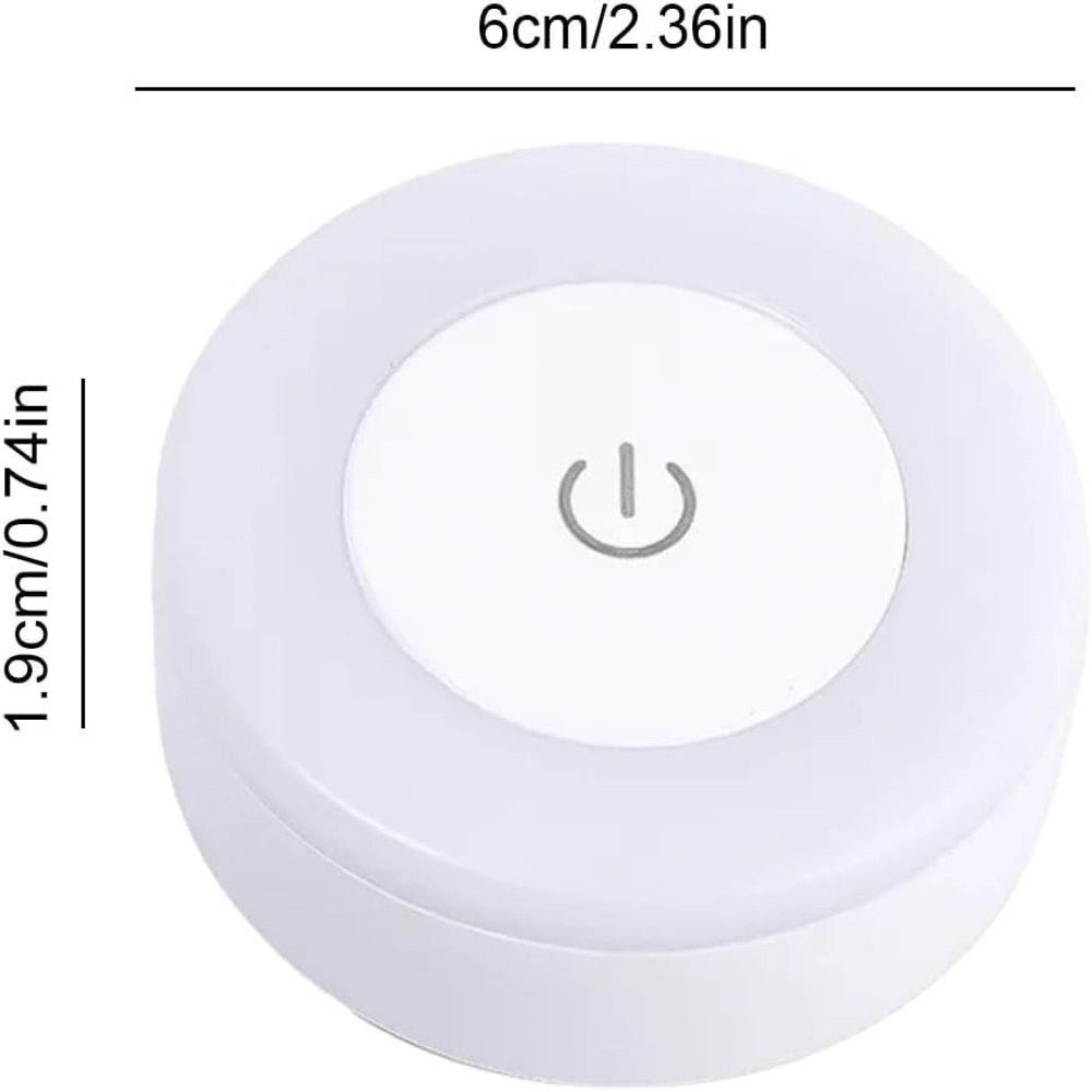 Runde weiße LED-Leuchte mit einem Power-Symbol in der Mitte und Maßangaben.