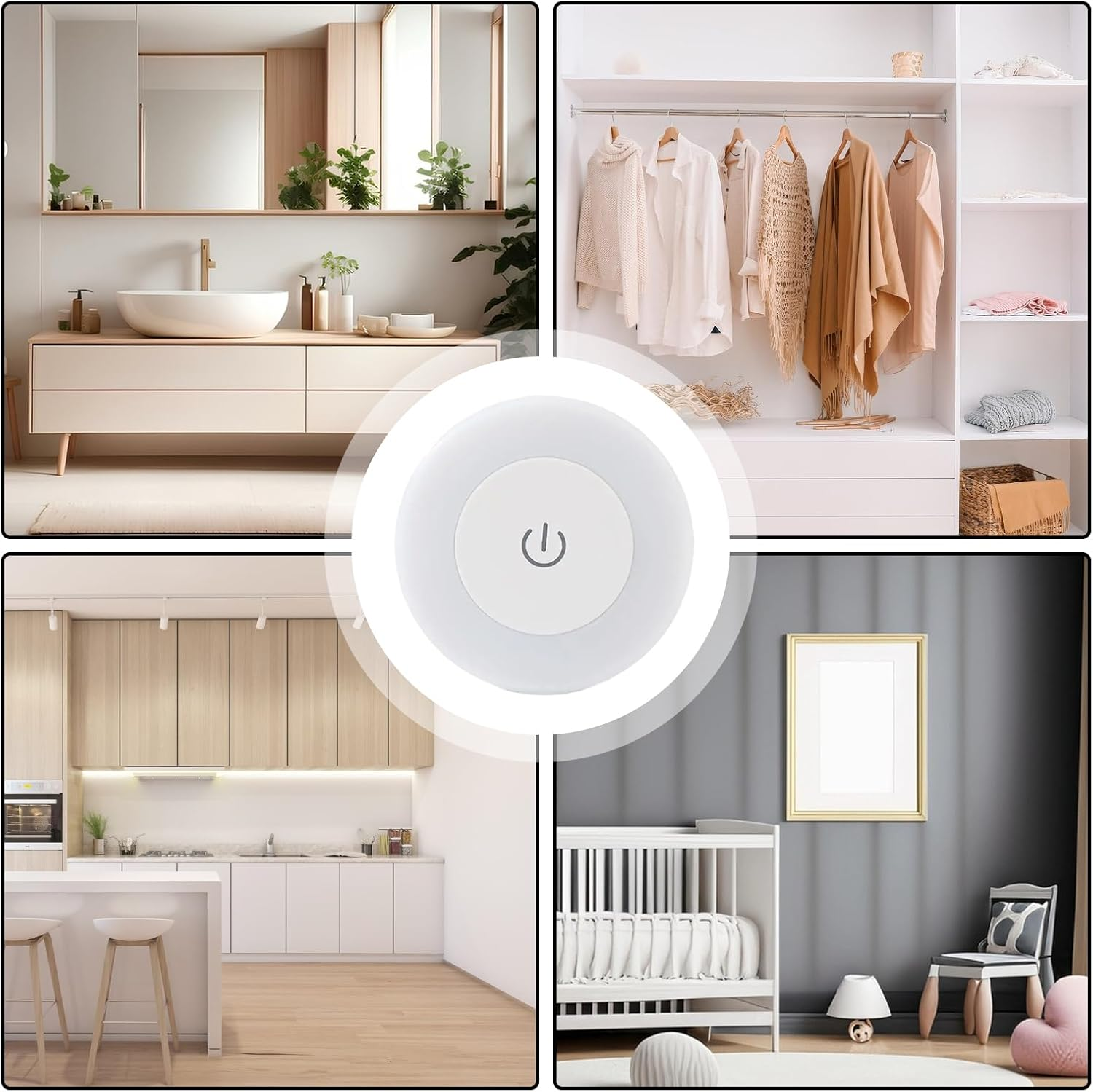 Ein weißer, runder Ein-/Ausschalter mit Anwendungsbeispielen im Badezimmer, Kleiderschrank, in der Küche und im Kinderzimmer.