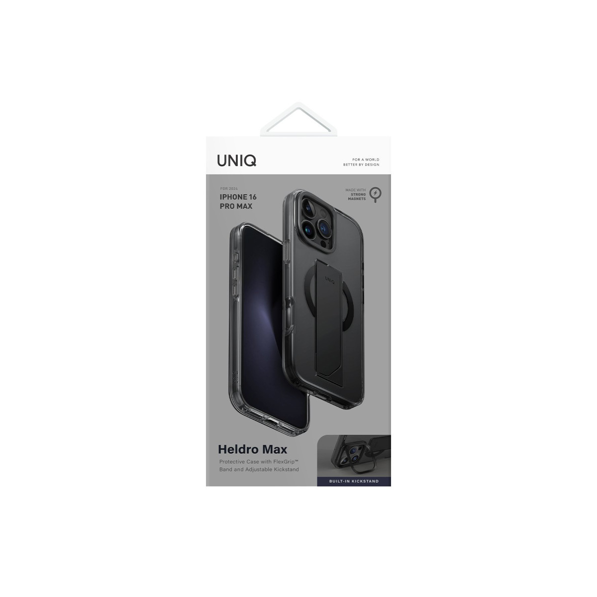 Dahili standlı ve MagSafe özellikli iPhone 16 Pro Max için Uniq Heldro Max koruyucu kılıf ambalajı.