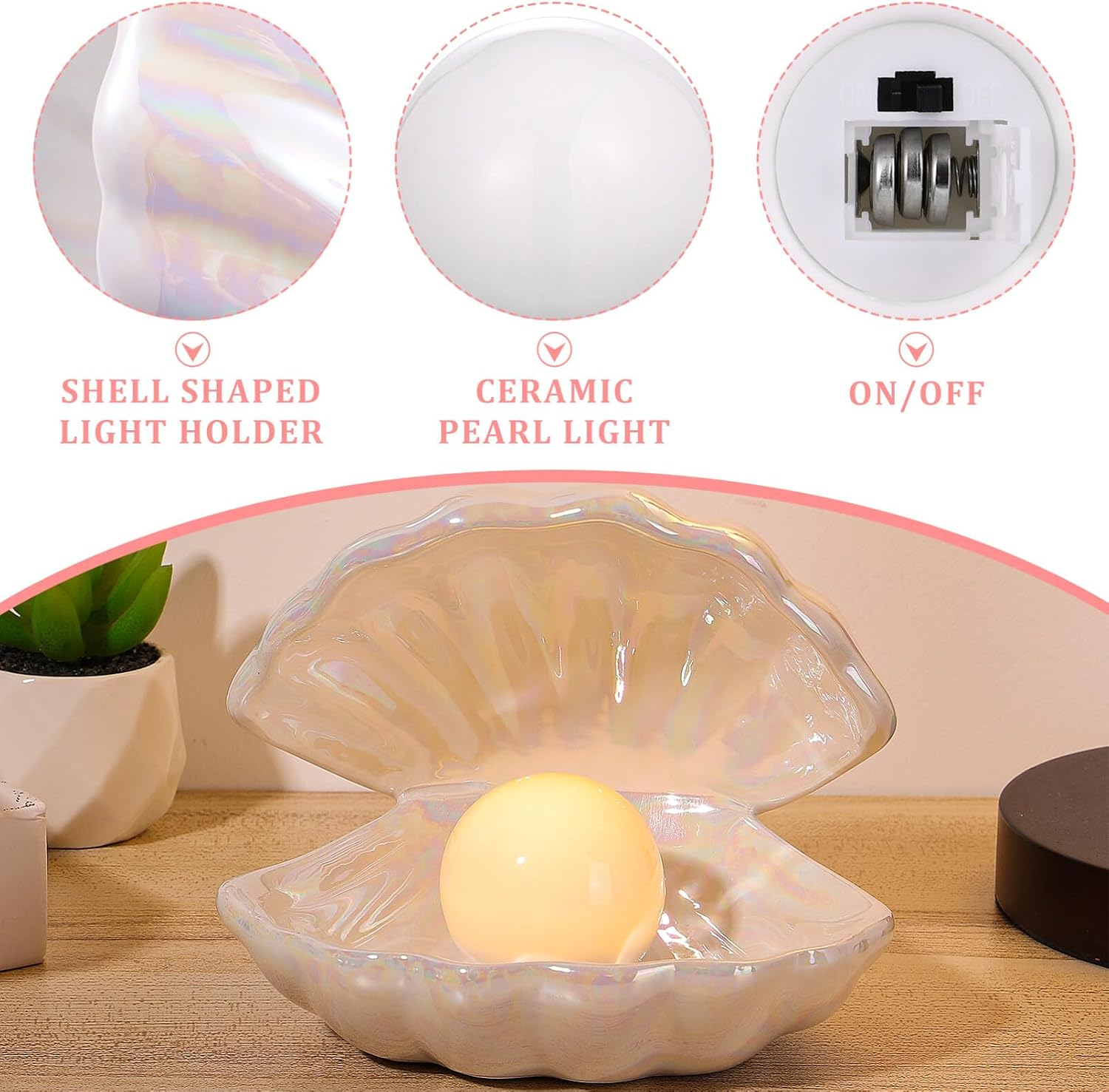 Muschelförmige Lampe mit leuchtender Perle, dazu Detailansichten der Oberfläche, der Perle und des Batteriefachs.