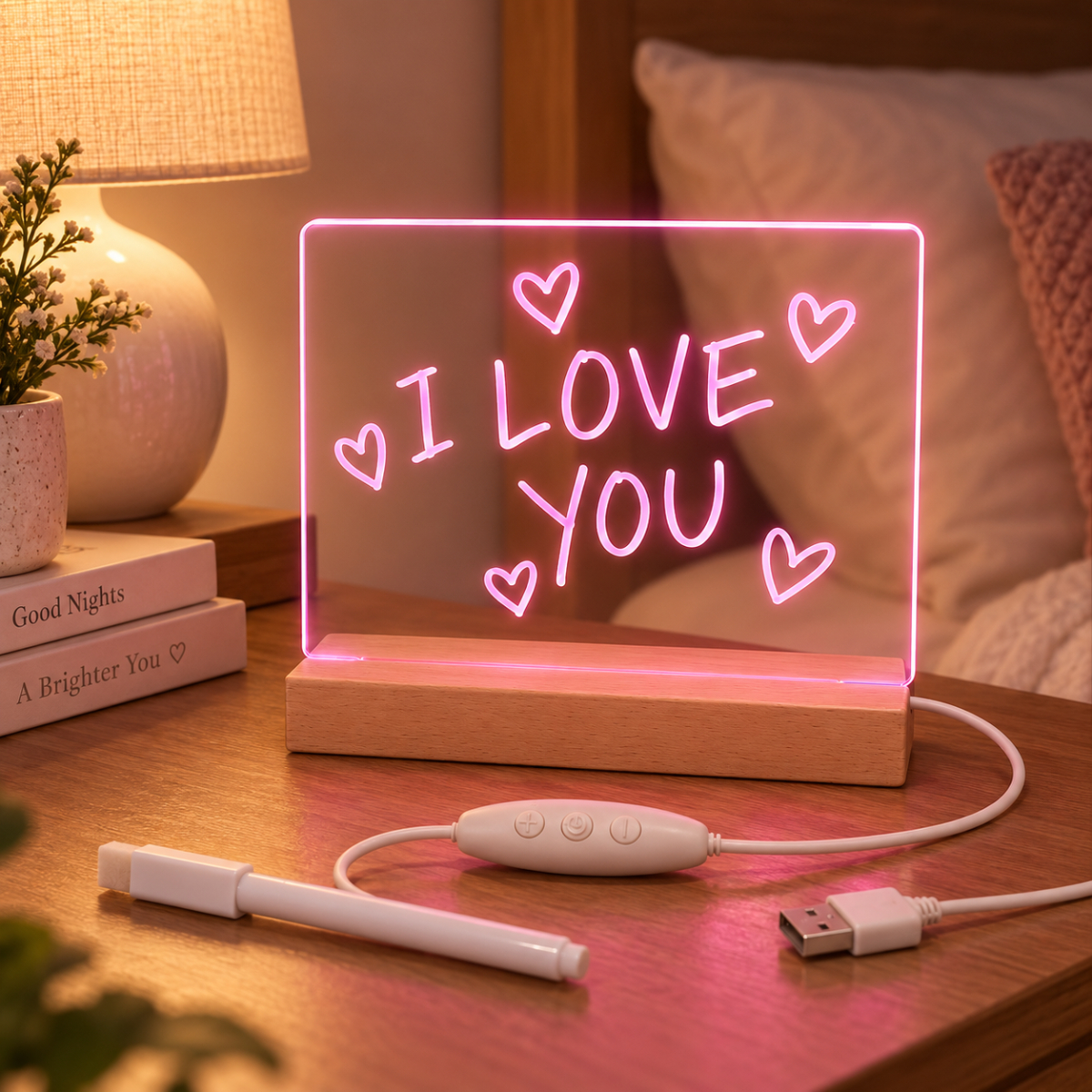 Eine beleuchtete Acryltafel auf einem Holztisch mit der Aufschrift 'I LOVE YOU' und Herzen.