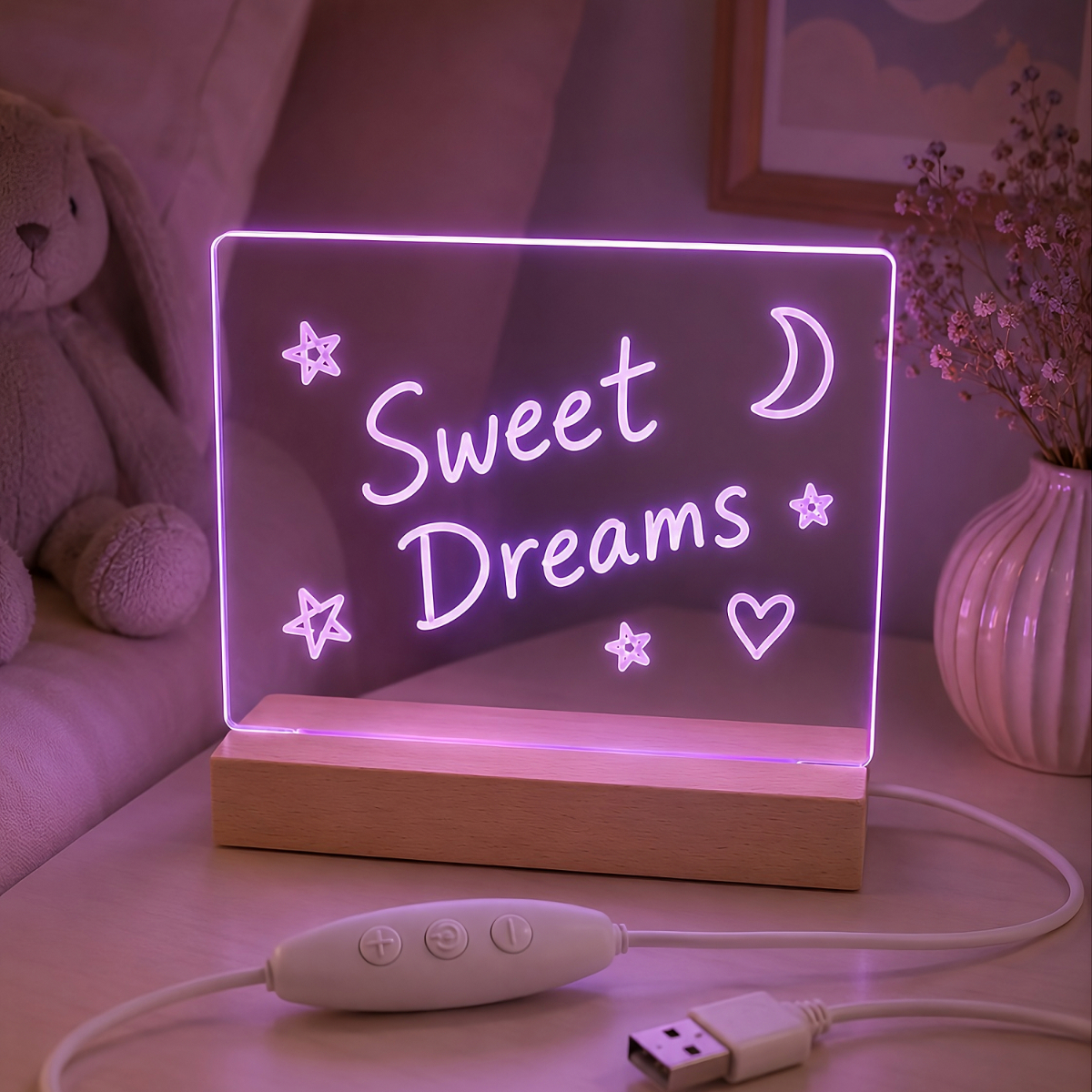 Ein leuchtendes LED-Nachtlicht mit 'Sweet Dreams' und Symbolen auf einem Holzsockel.