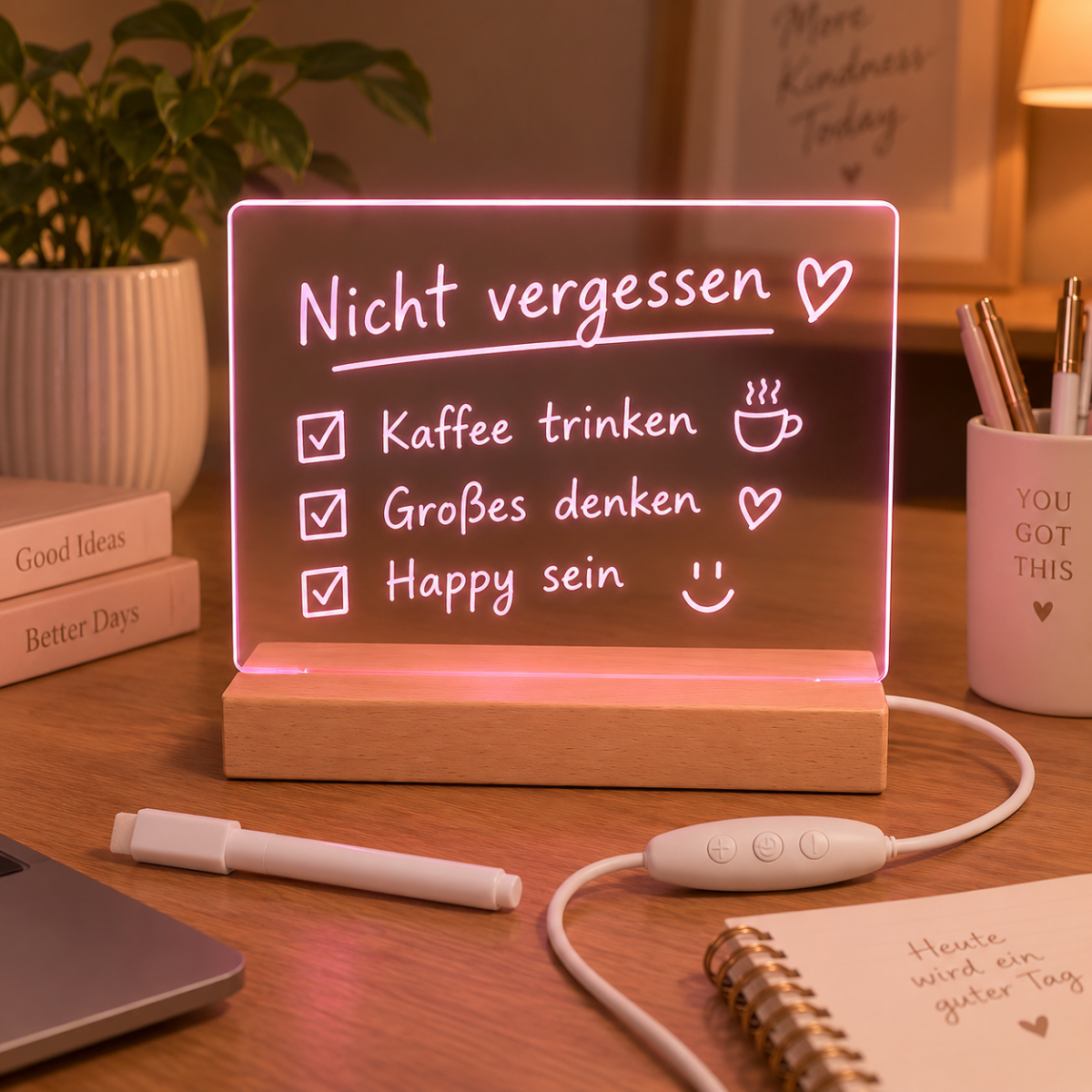 Eine beleuchtete Acryl-Memotafel mit deutschem Text, Holzsockel und weißem Stift auf einem Schreibtisch.