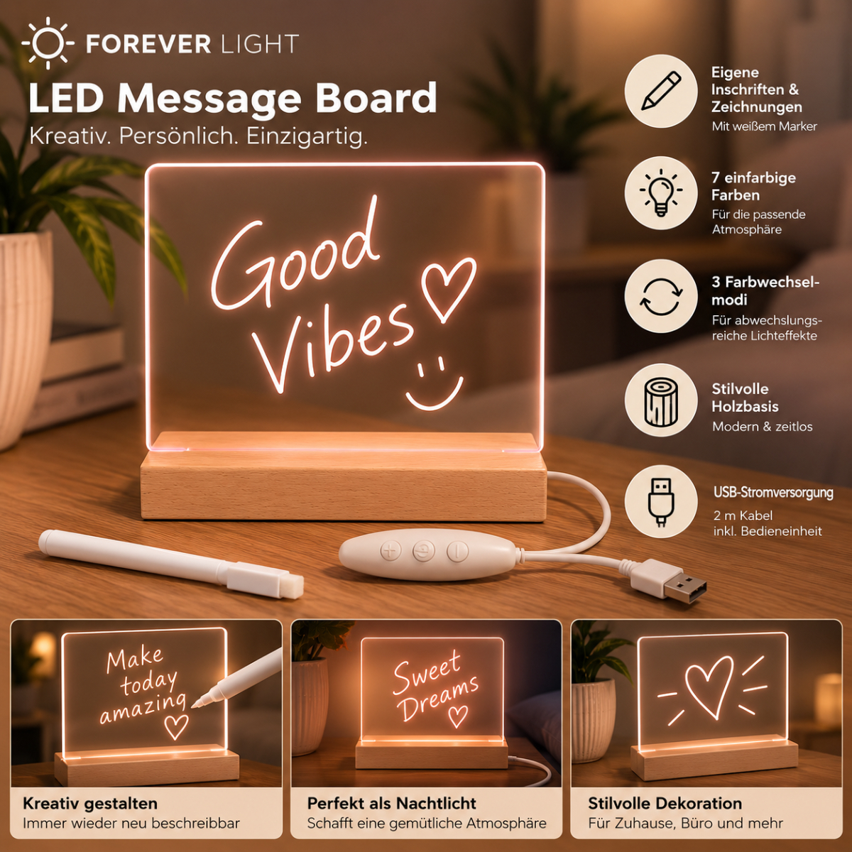 Beleuchtetes LED-Message-Board mit Holzbasis, Stift und Steuerelement; zeigt 'Good Vibes' auf einem Tisch.
