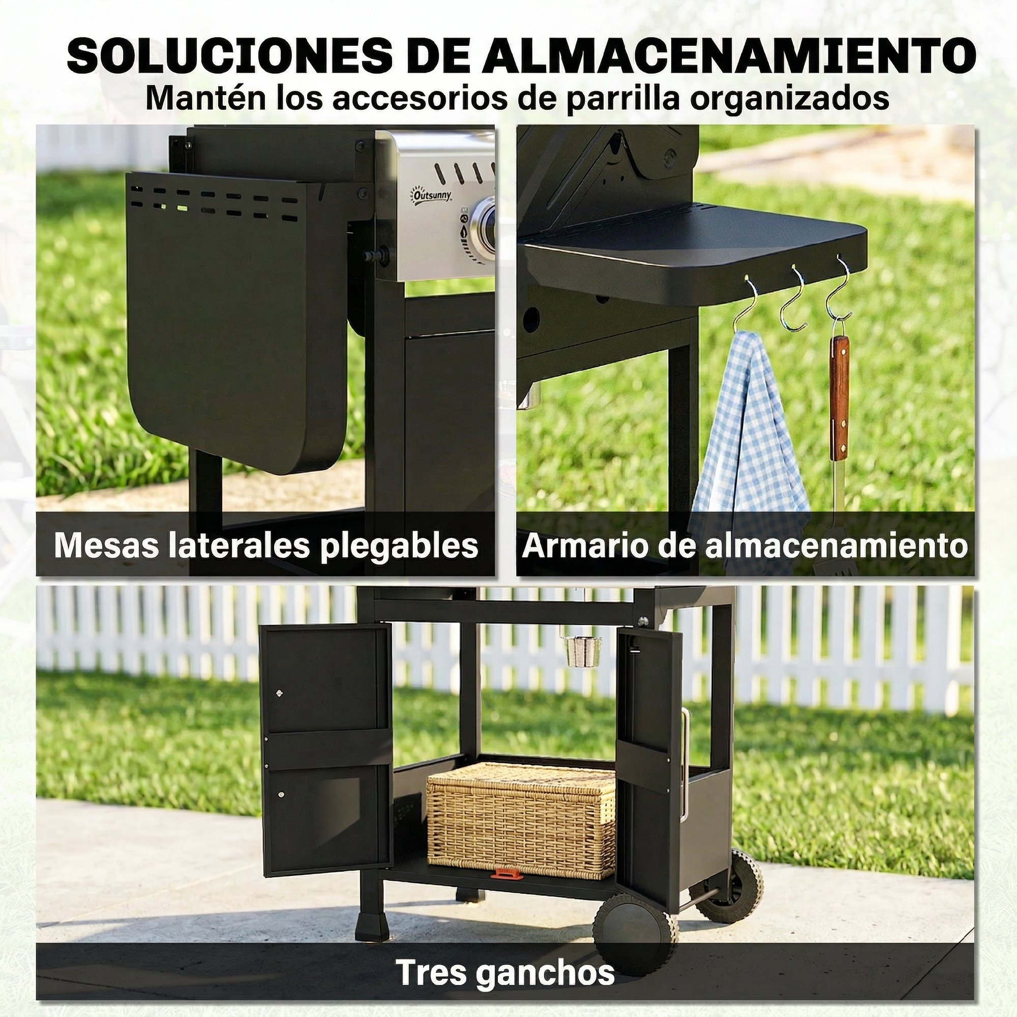 Collage de una parrilla negra con mesas laterales plegables, armario de almacenamiento con cesta y ganchos.
