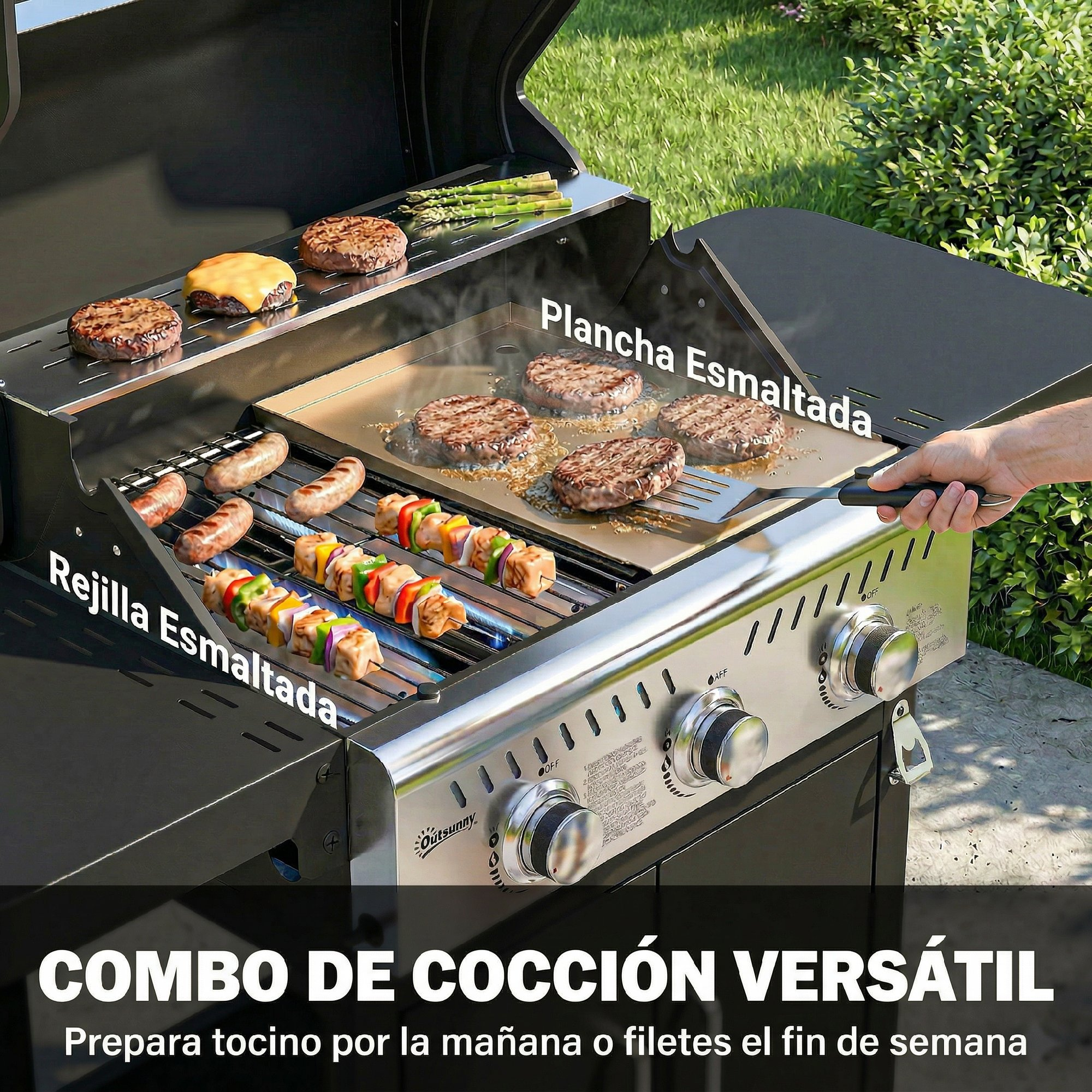 Una parrilla cargada muestra hamburguesas, salchichas, brochetas y filetes cocinándose.