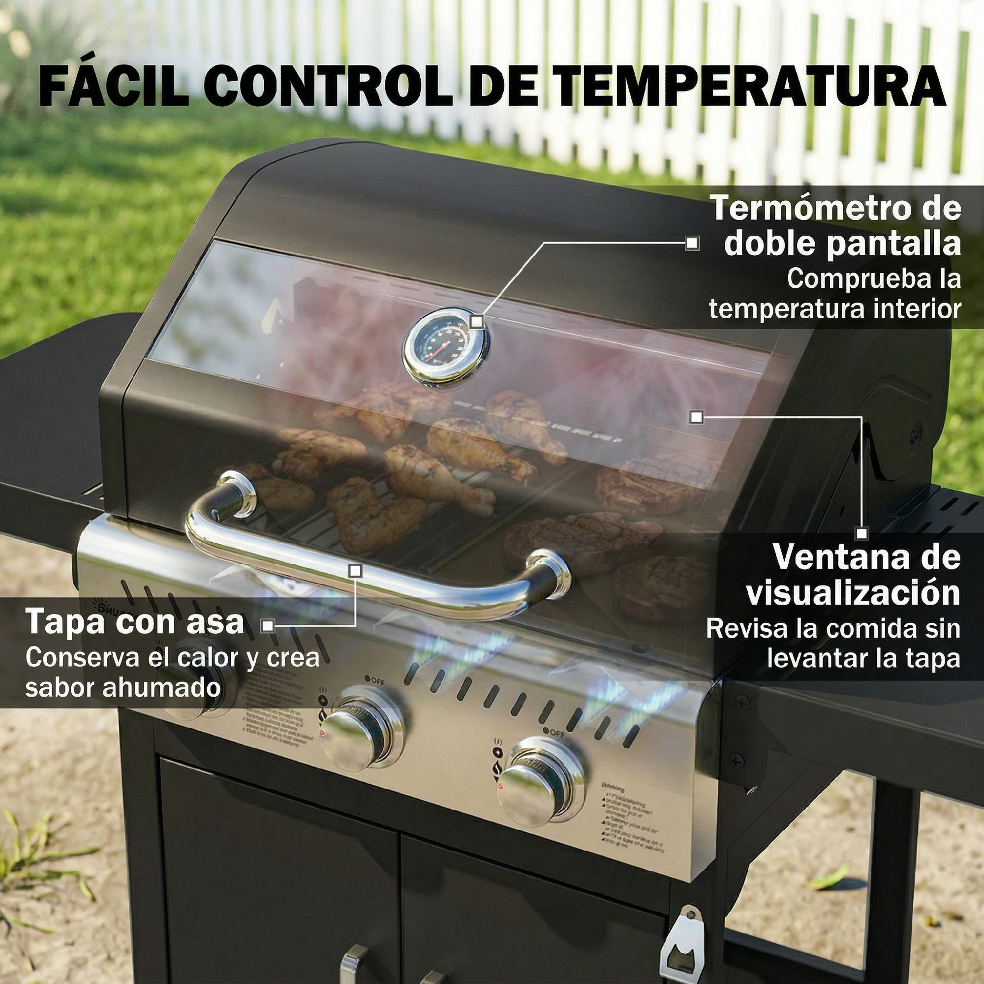 Una parrilla de gas negra al aire libre con ventana, termómetro y comida cocinándose dentro.