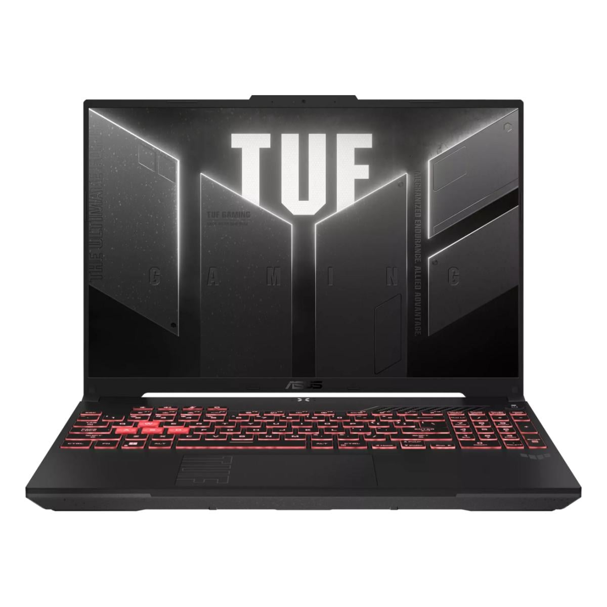 Ein schwarzer ASUS TUF Gaming-Laptop mit roter Tastaturbeleuchtung und dem TUF-Logo auf dem Bildschirm.
