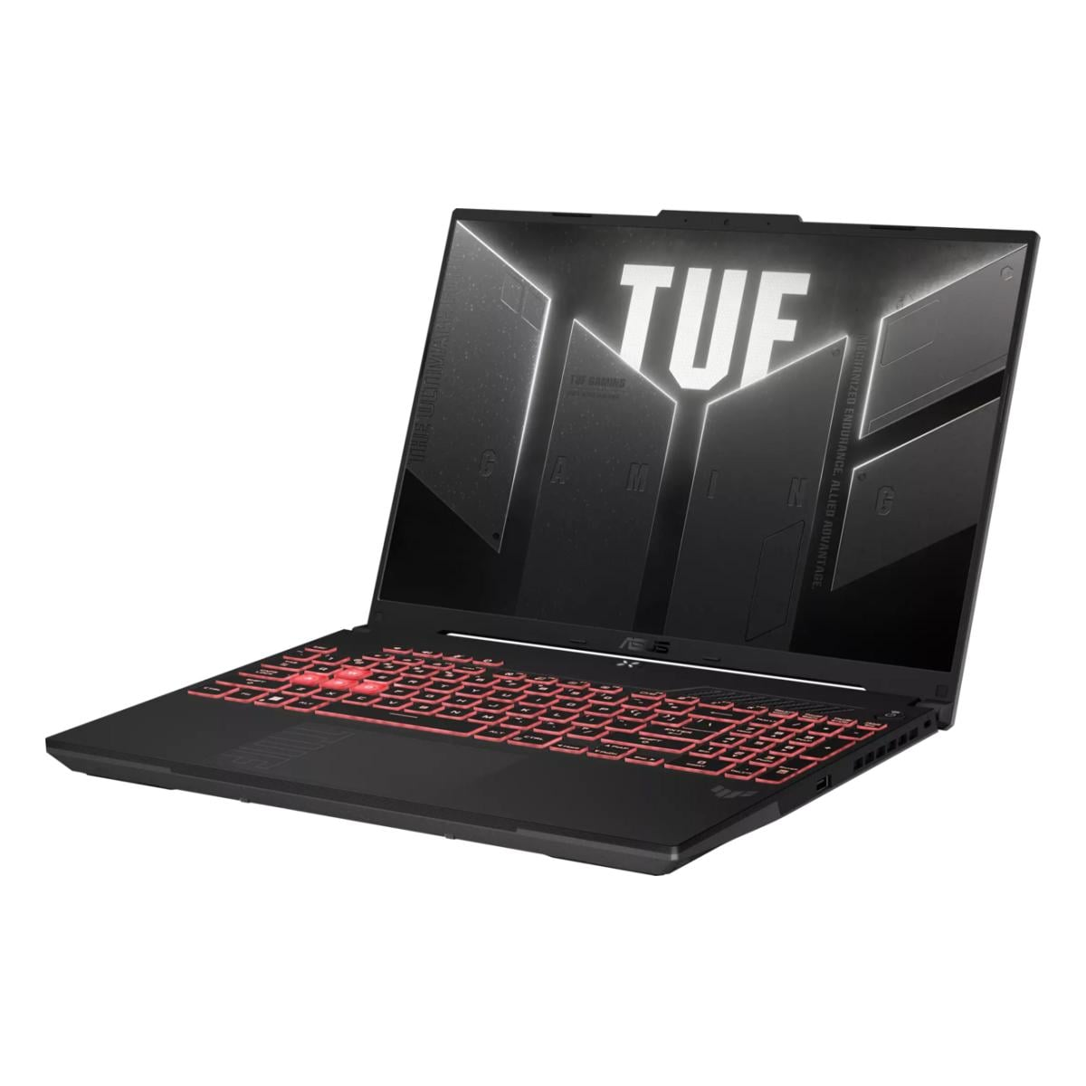 Ein schwarzer Asus TUF Gaming Laptop mit roter Tastaturbeleuchtung und dem TUF-Logo auf dem Bildschirm.