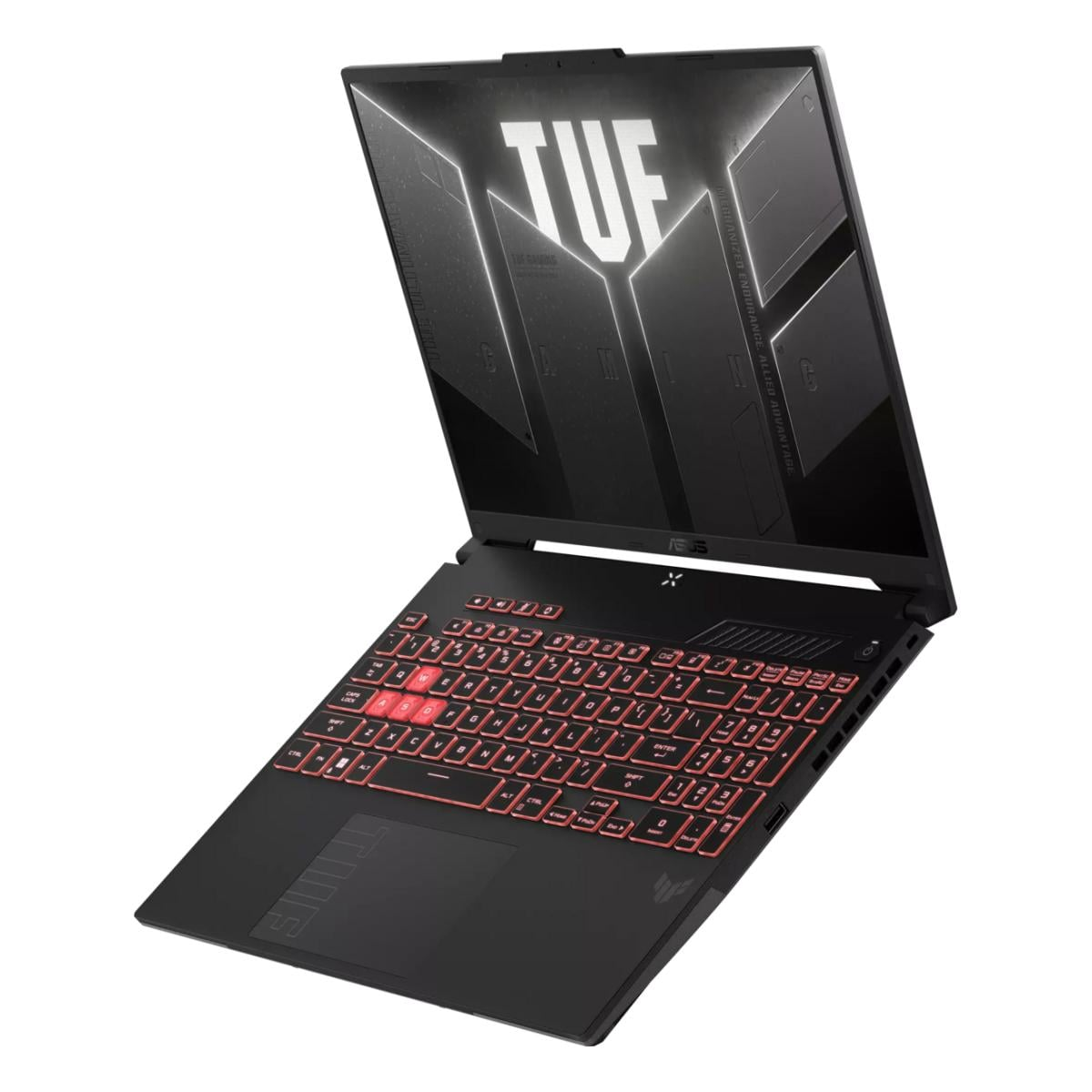 Ein schwarzer Asus TUF Gaming-Laptop mit roter Tastaturbeleuchtung und dem TUF-Logo auf dem Bildschirm.