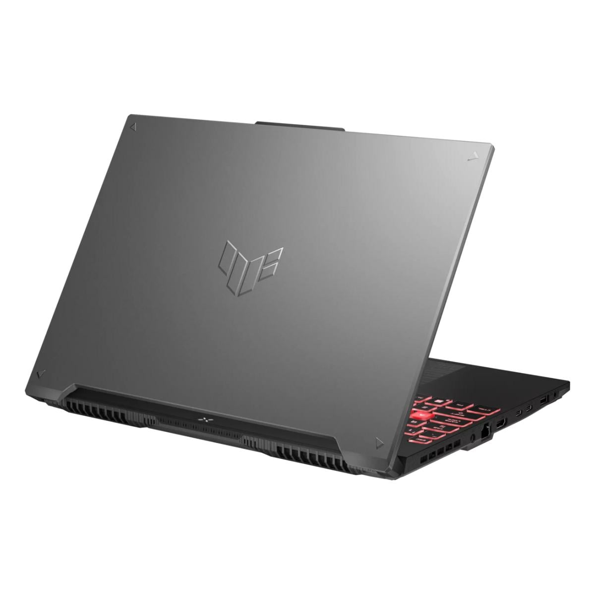 Ein geschlossener grauer Gaming-Laptop mit roter Tastaturbeleuchtung und einem Firmenlogo auf dem Deckel.