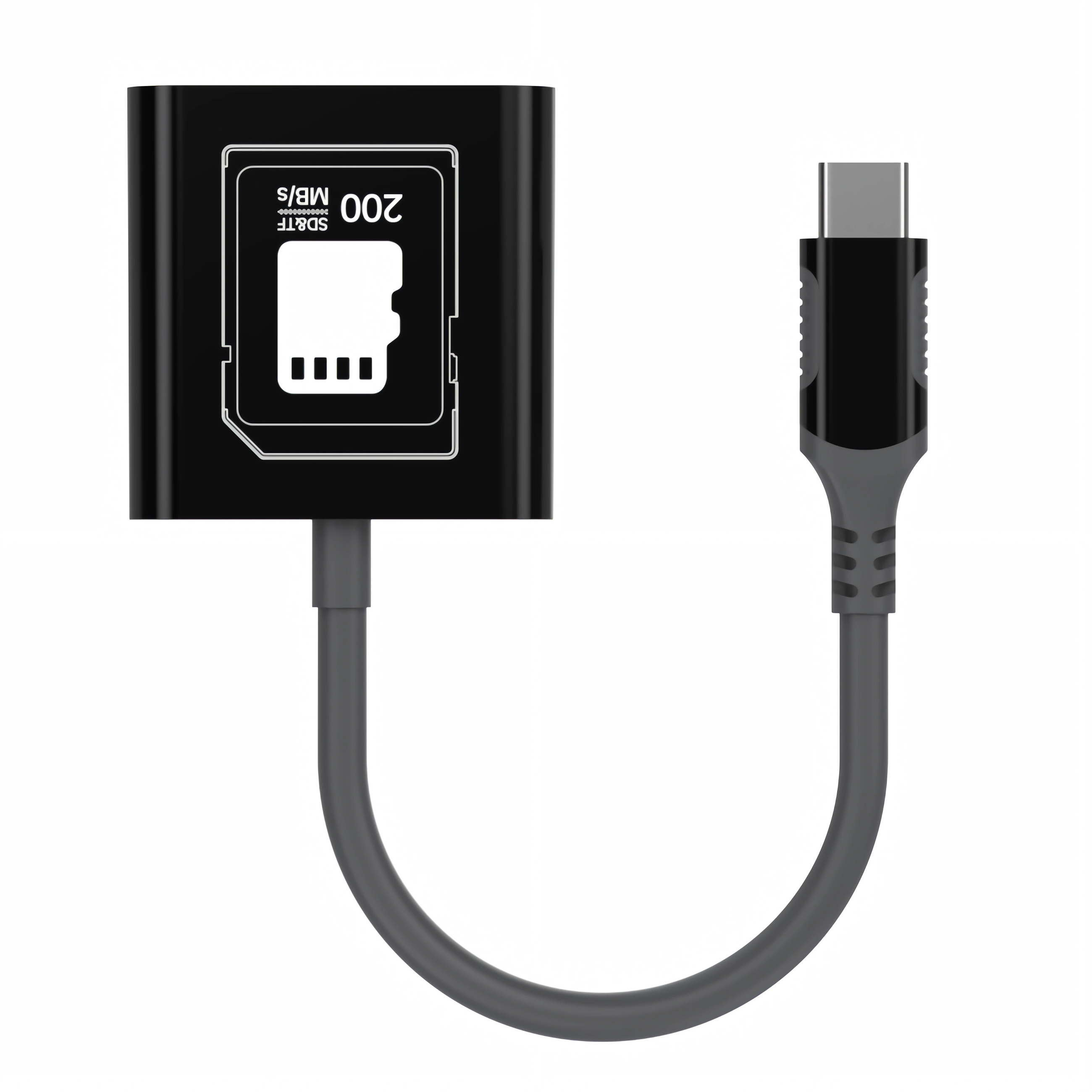 Ein schwarzer USB-C Kartenleser mit Kabel und SD-Karten-Symbol.