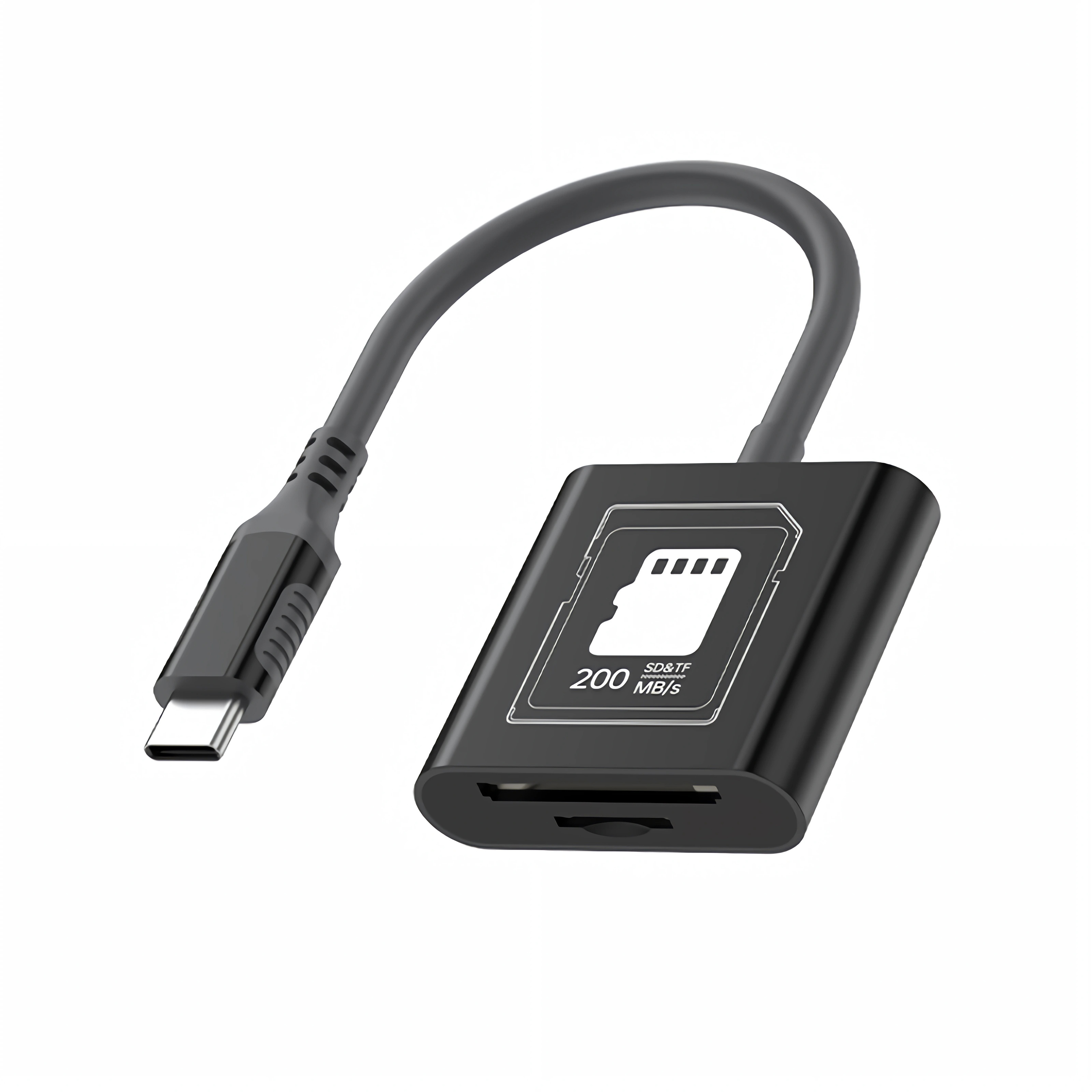 Ein schwarzer USB-C-Kartenleser mit kurzem Kabel und SD-Karten-Symbol vor weißem Hintergrund.