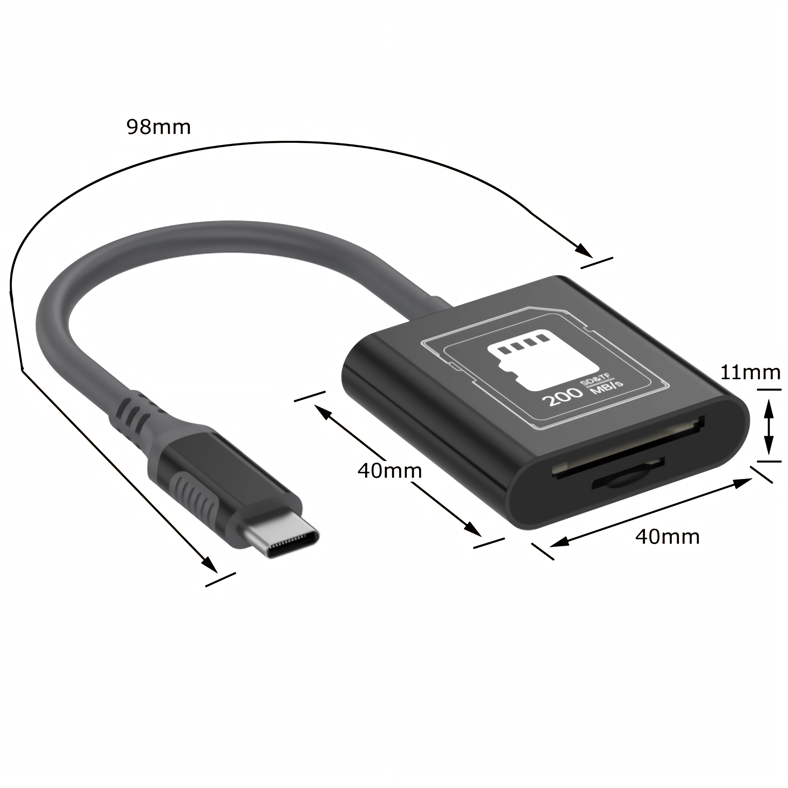 Schwarzer USB-C-Kartenleser mit Abmessungen von 98mm, 40mm und 11mm auf weißem Hintergrund.