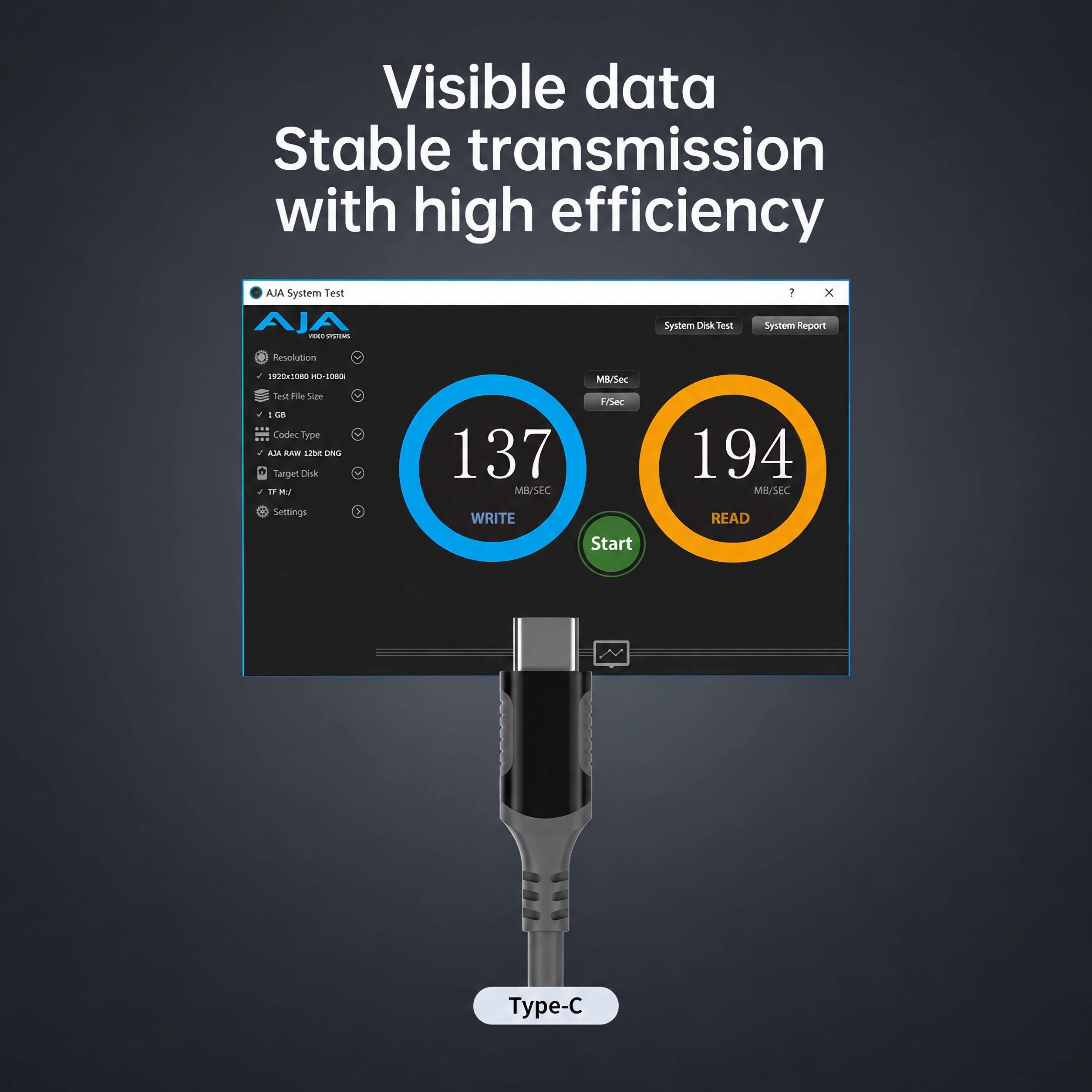 Geschwindigkeitsmesser zeigt 137 MB/s Schreiben und 194 MB/s Lesen über ein Type-C-Kabel.