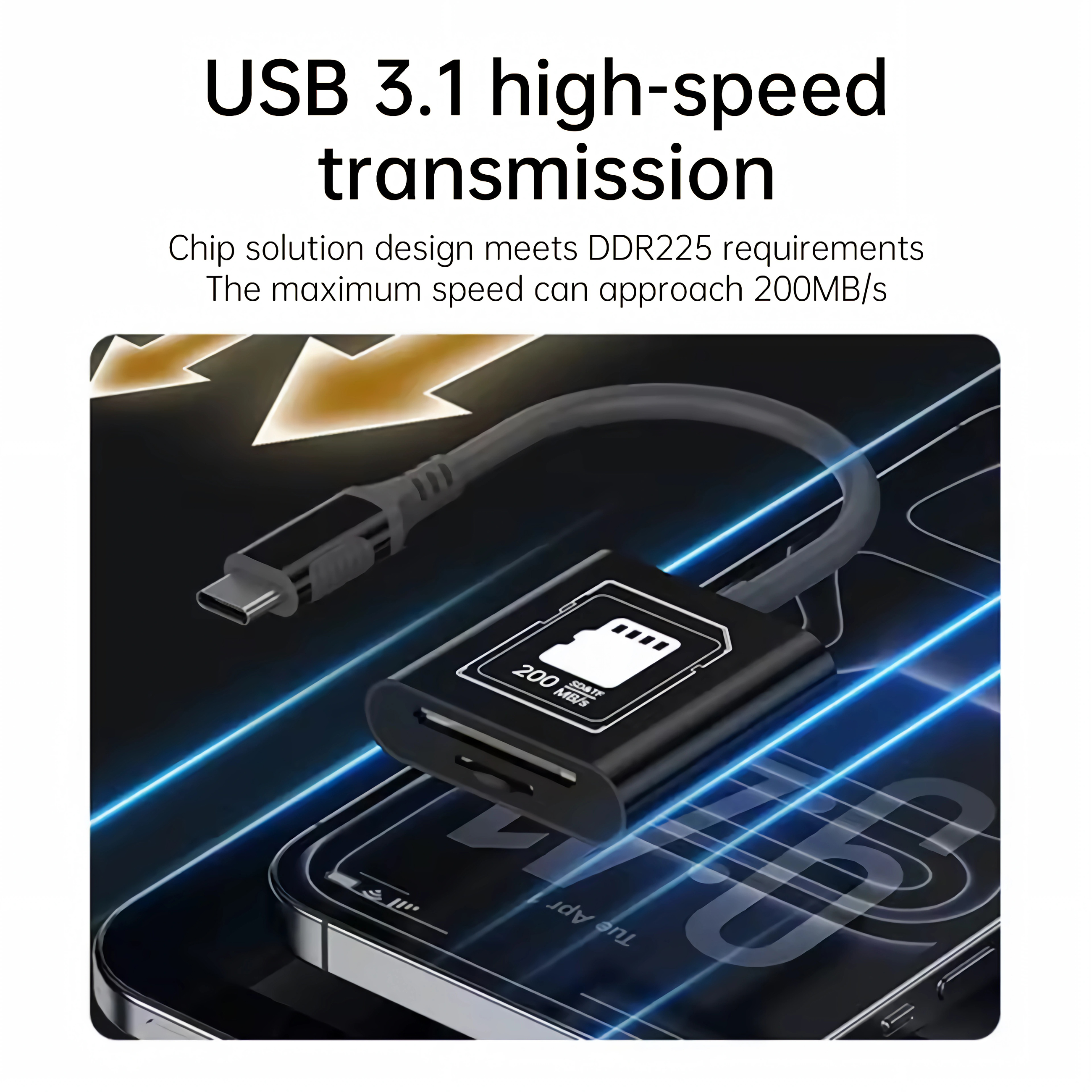 USB 3.1 High-Speed-Kartenleser auf einem Smartphone mit Text oben.