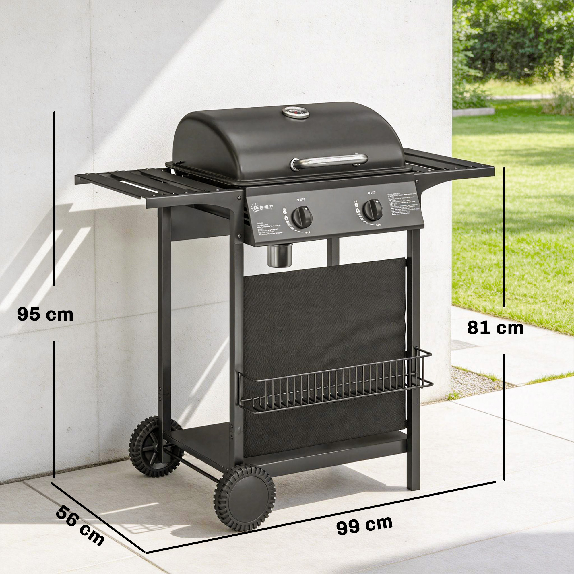 Barbacoa de gas negra con dos mandos y estantes laterales, dimensiones en cm.