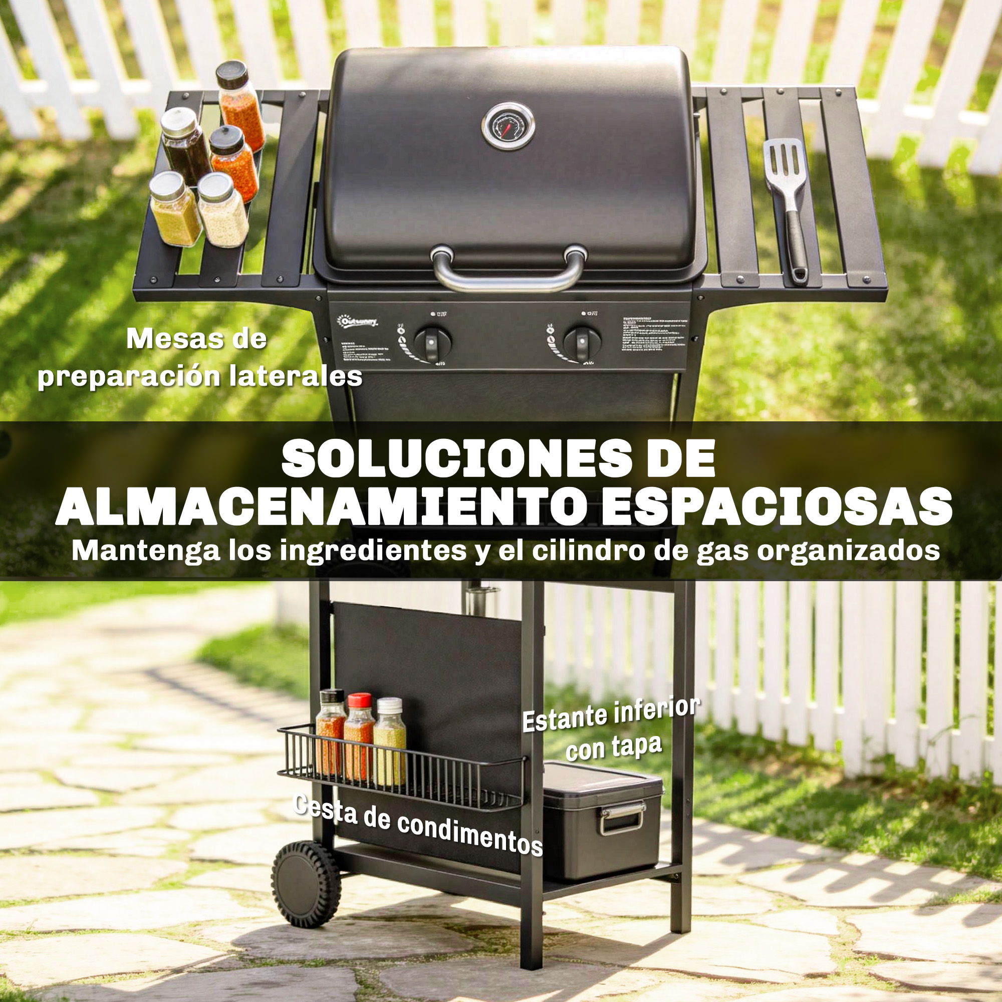 Barbacoa de gas negra con mesas laterales, especieros, cesta inferior y caja de almacenamiento en el patio.