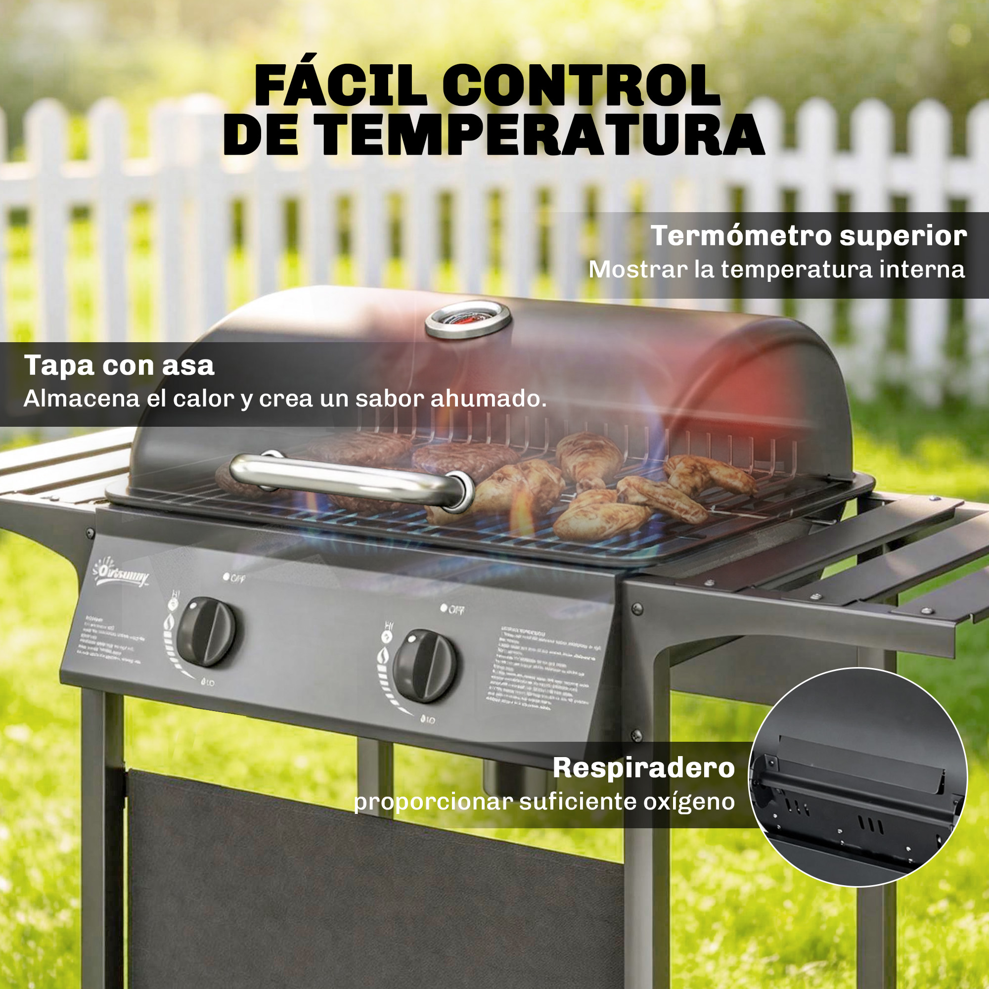 Un grill de gas al aire libre con tapa cerrada, alimentos cocinándose y texto descriptivo ante una valla blanca.